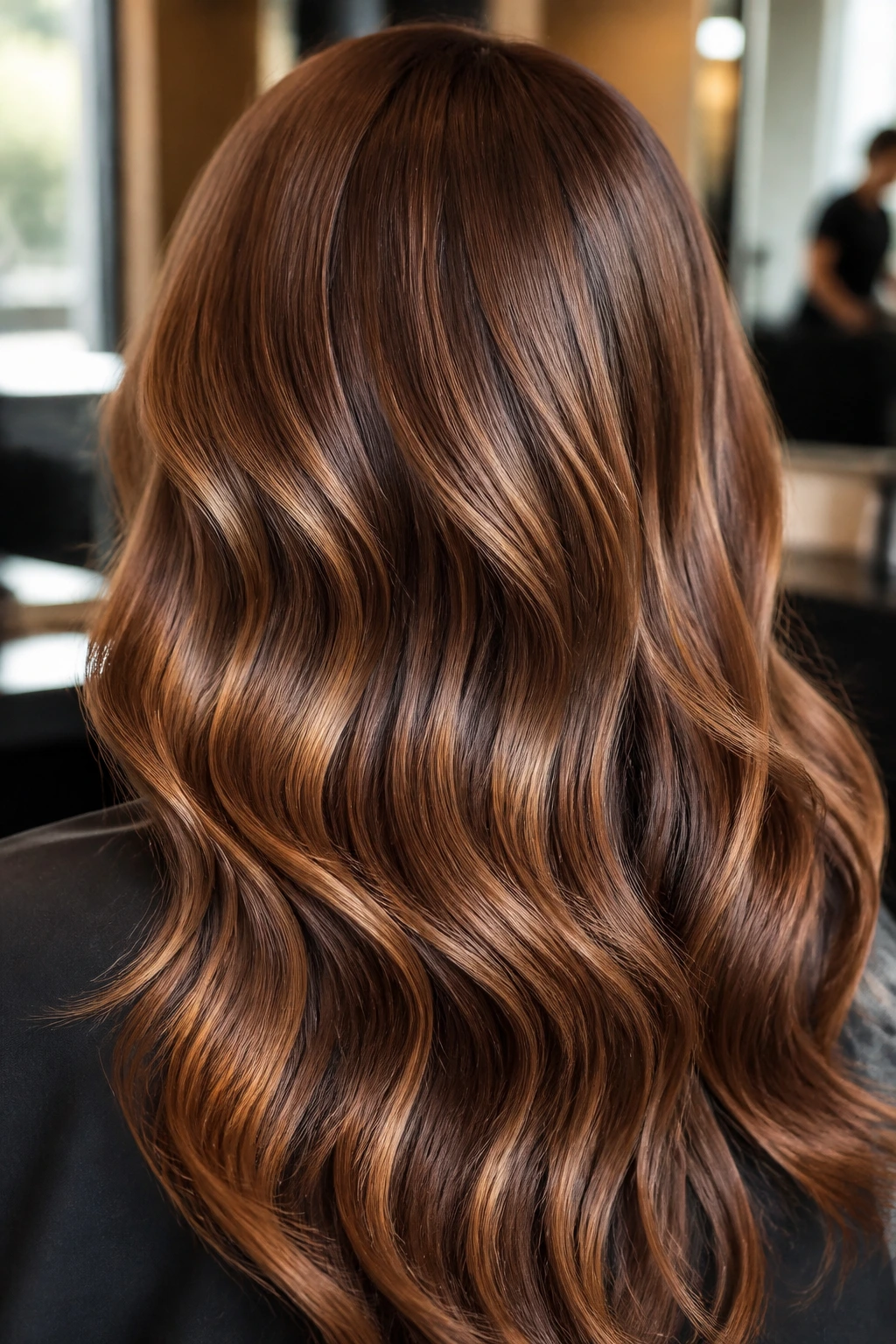 Close-up of bronze hair with gloss shine in a salon setting