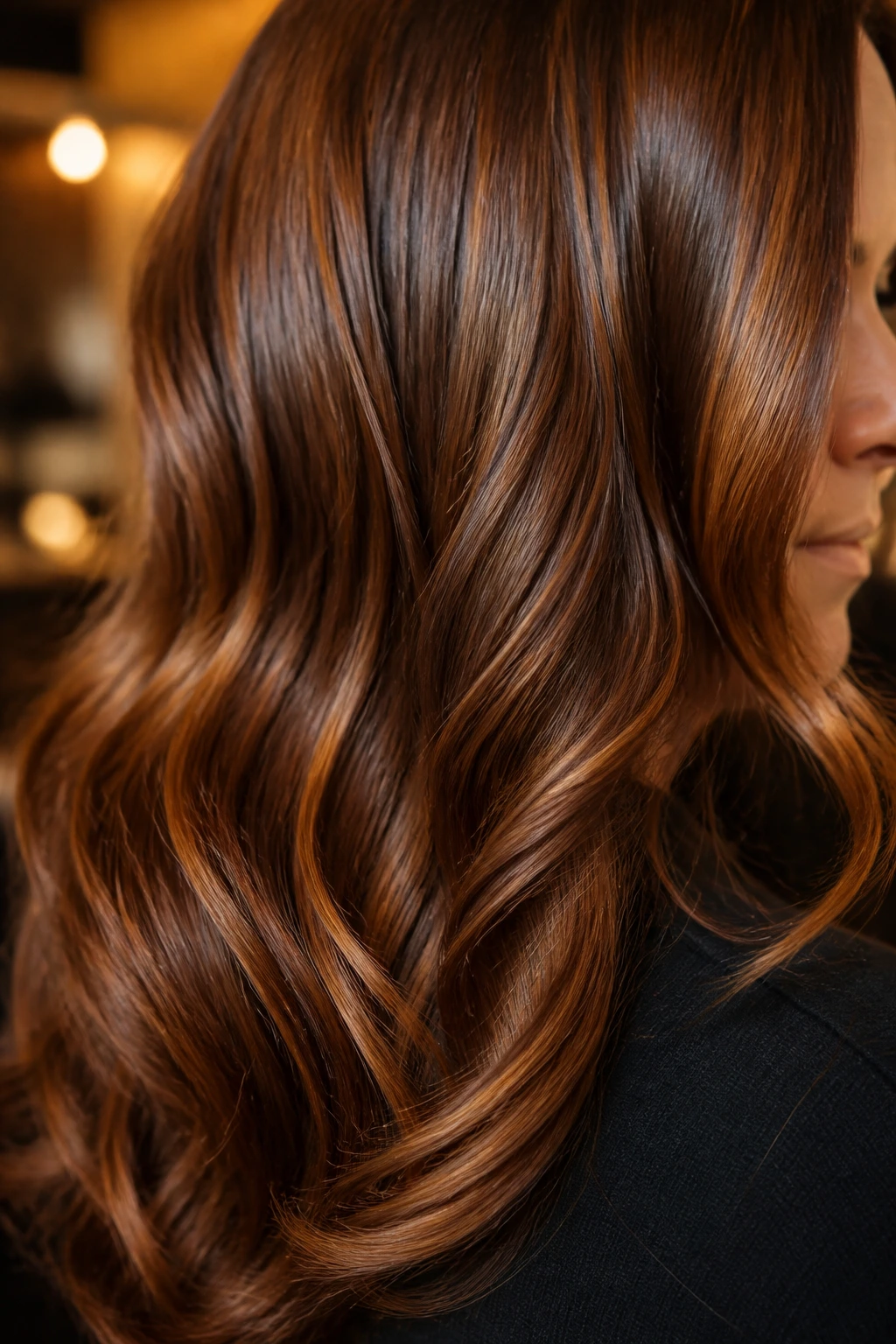 Bronze hair with lasting gloss shine between color refreshes