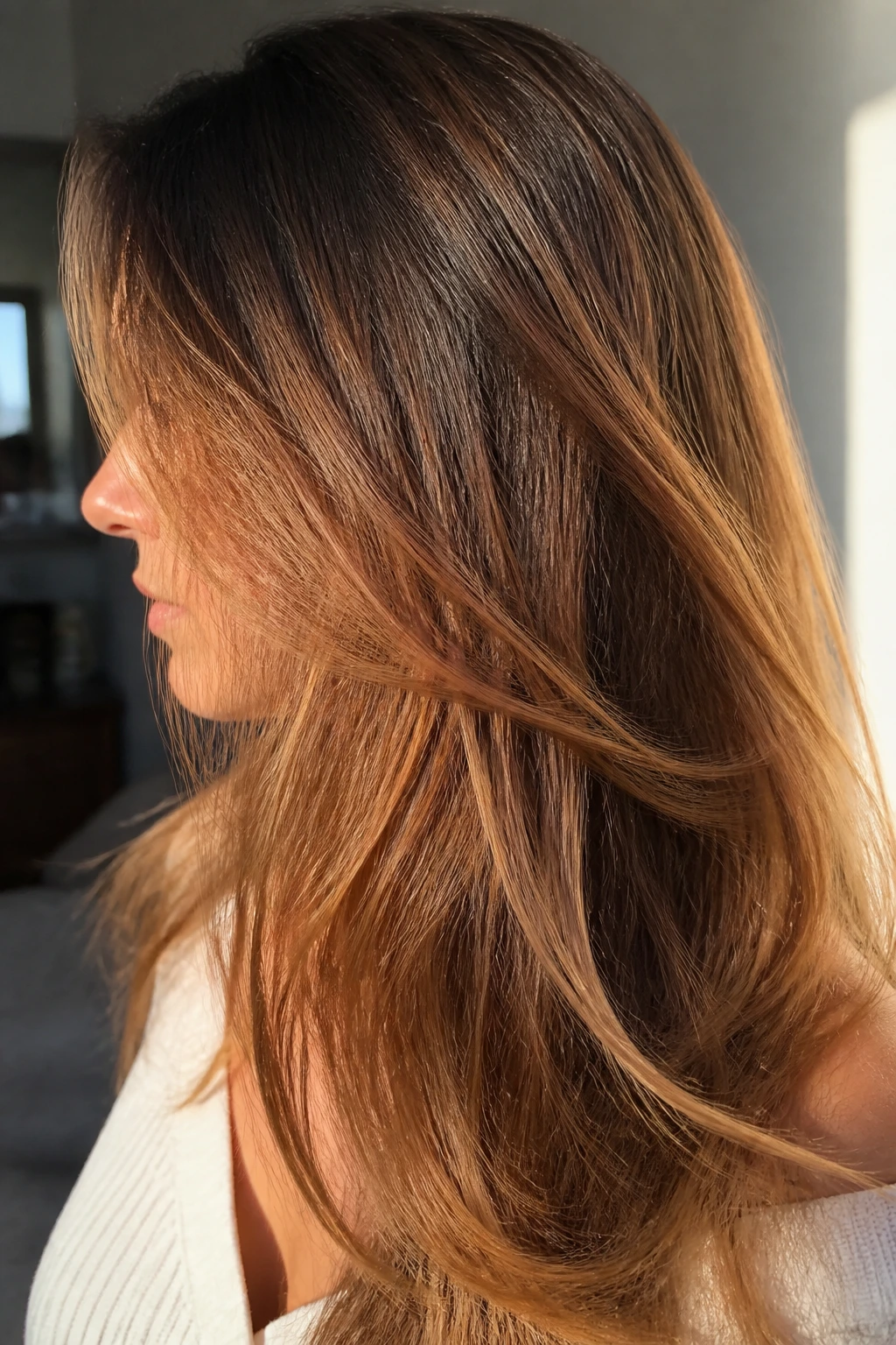 Side-profile of wearable bronze hair that grows out gracefully