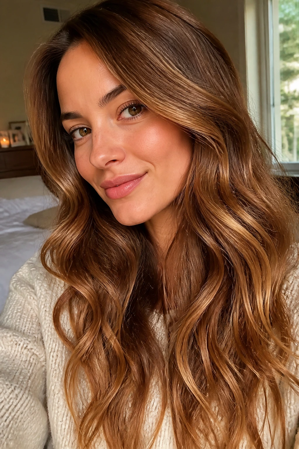Real person with bronze hair styled in soft waves showing multiple tones