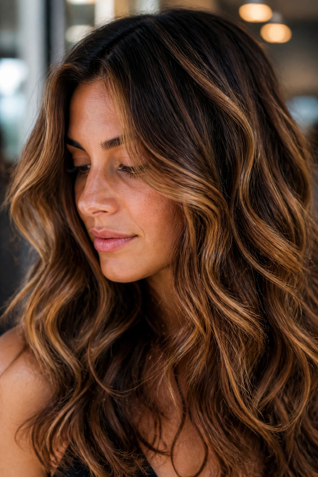 Close-up of a real woman's head showing bronze halo lights around crown and temples on wavy hair