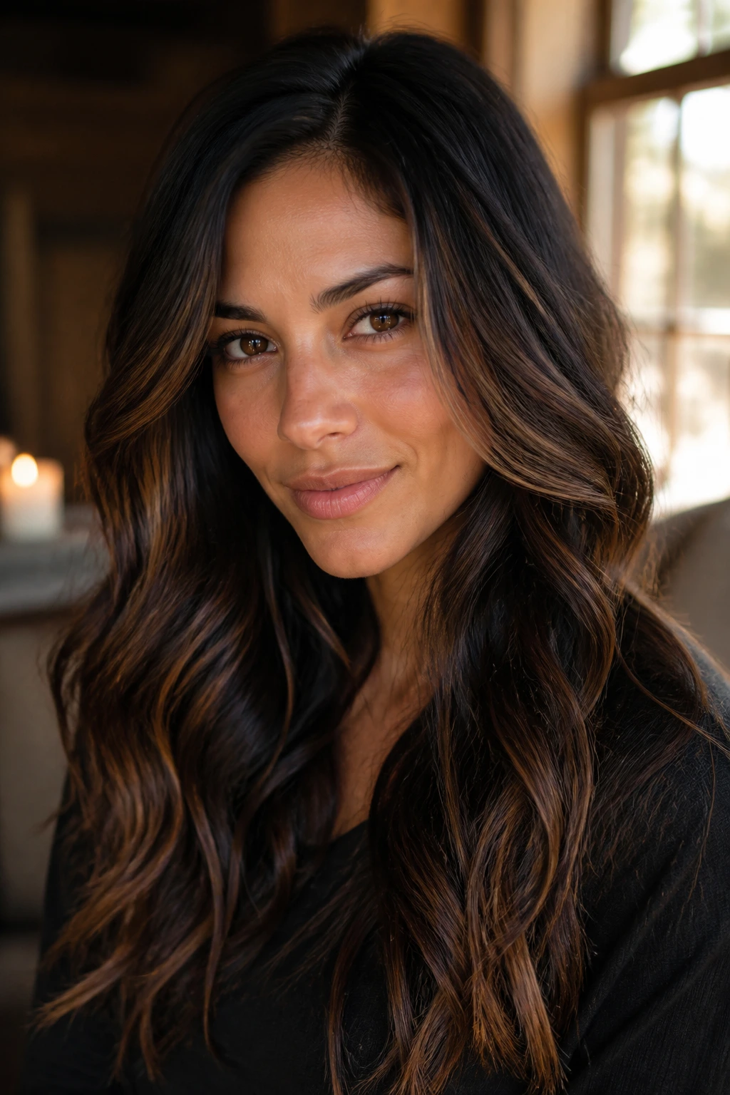 Close-up portrait of a real woman with dark wavy hair showing bronze highlights in warm window light