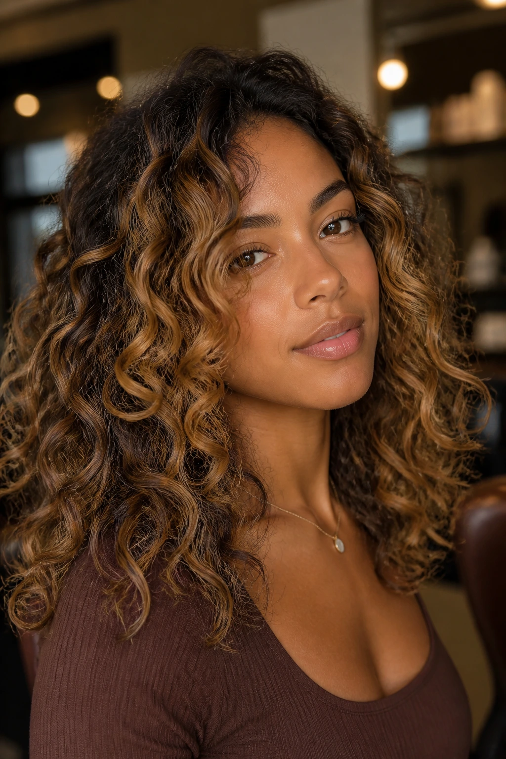 Close-up portrait of a real woman with bronze honey balayage showing a deep bronze base and honey ribbons