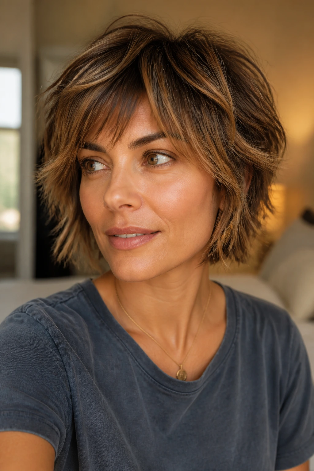 Close-up of a real woman with Bronze Lifted Shag featuring bronze and amber highlights