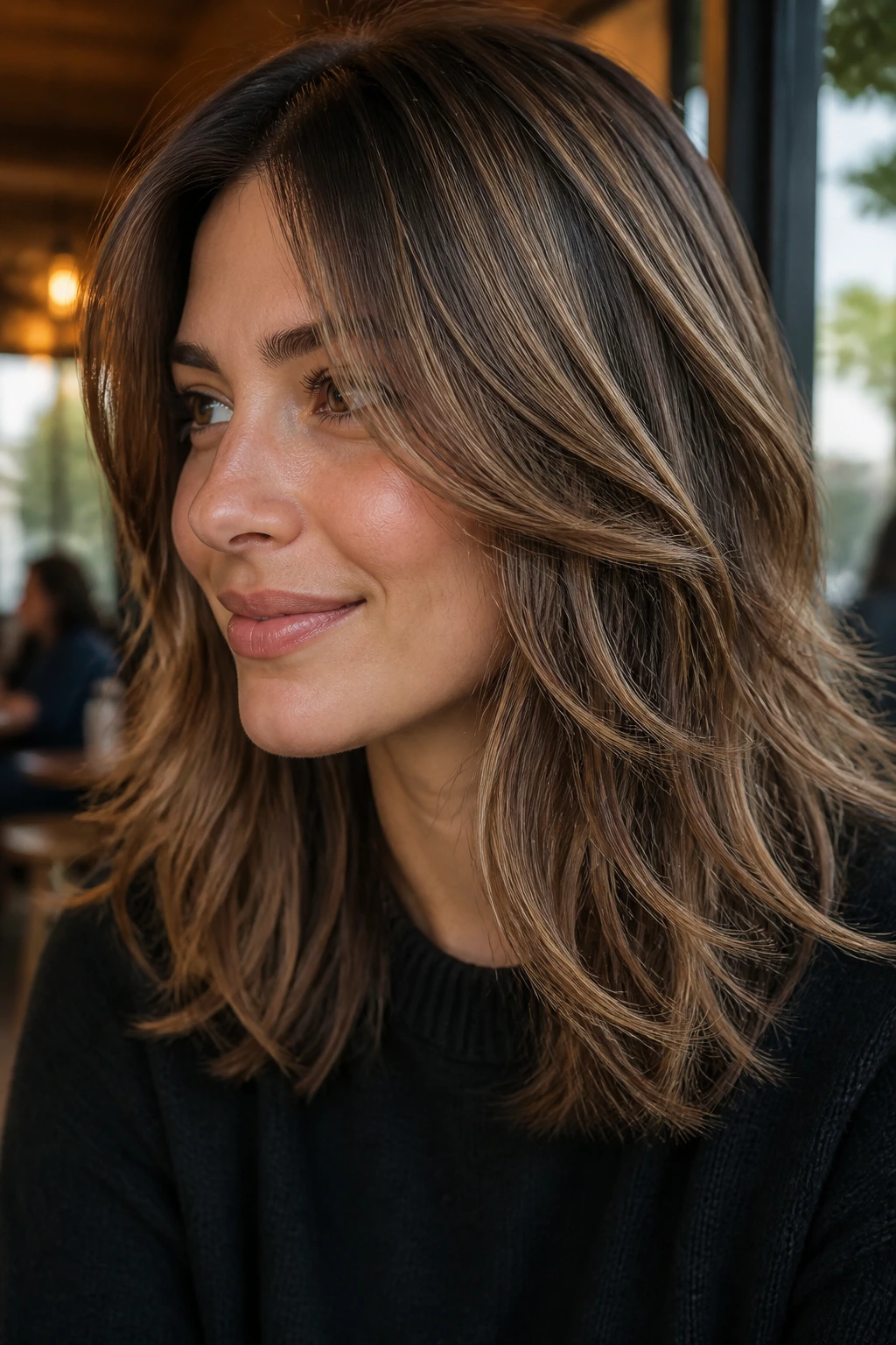 Close-up of layered midlength hair with bronze lowlights.