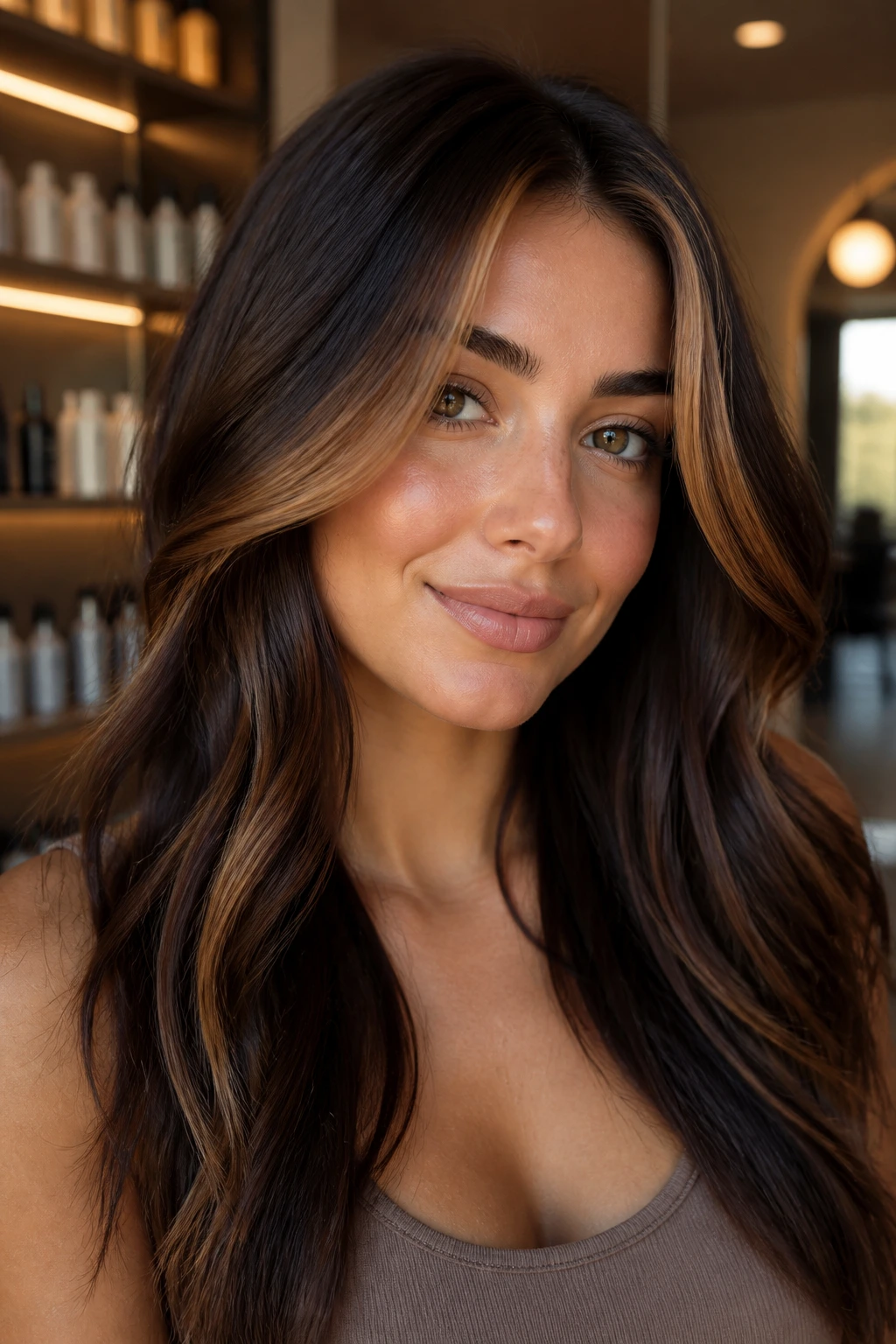 Close-up of a brunette with bronze candlelight money piece framing the face on dark chocolate hair, warm light.