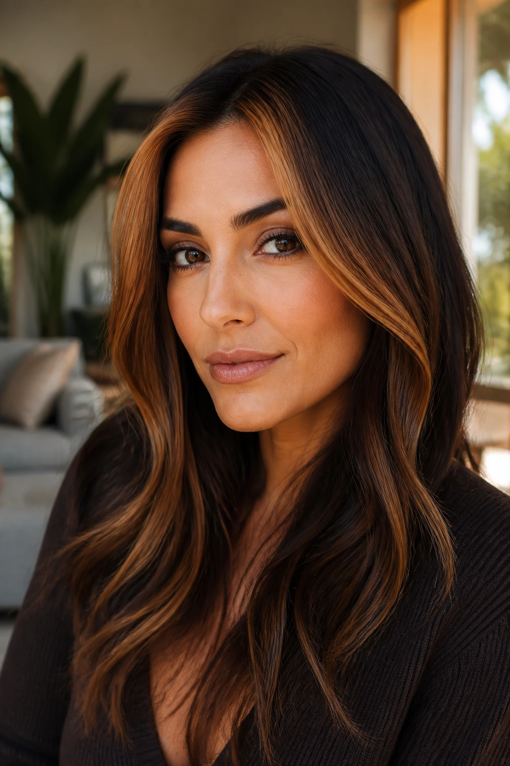 Close-up of a woman featuring a bronze money piece against brunette hair.