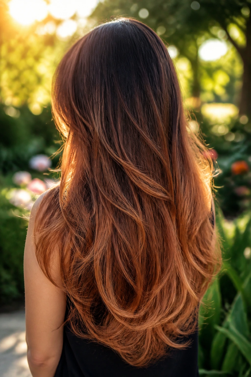 Back view of a real person with bronze ombré on long layered hair.