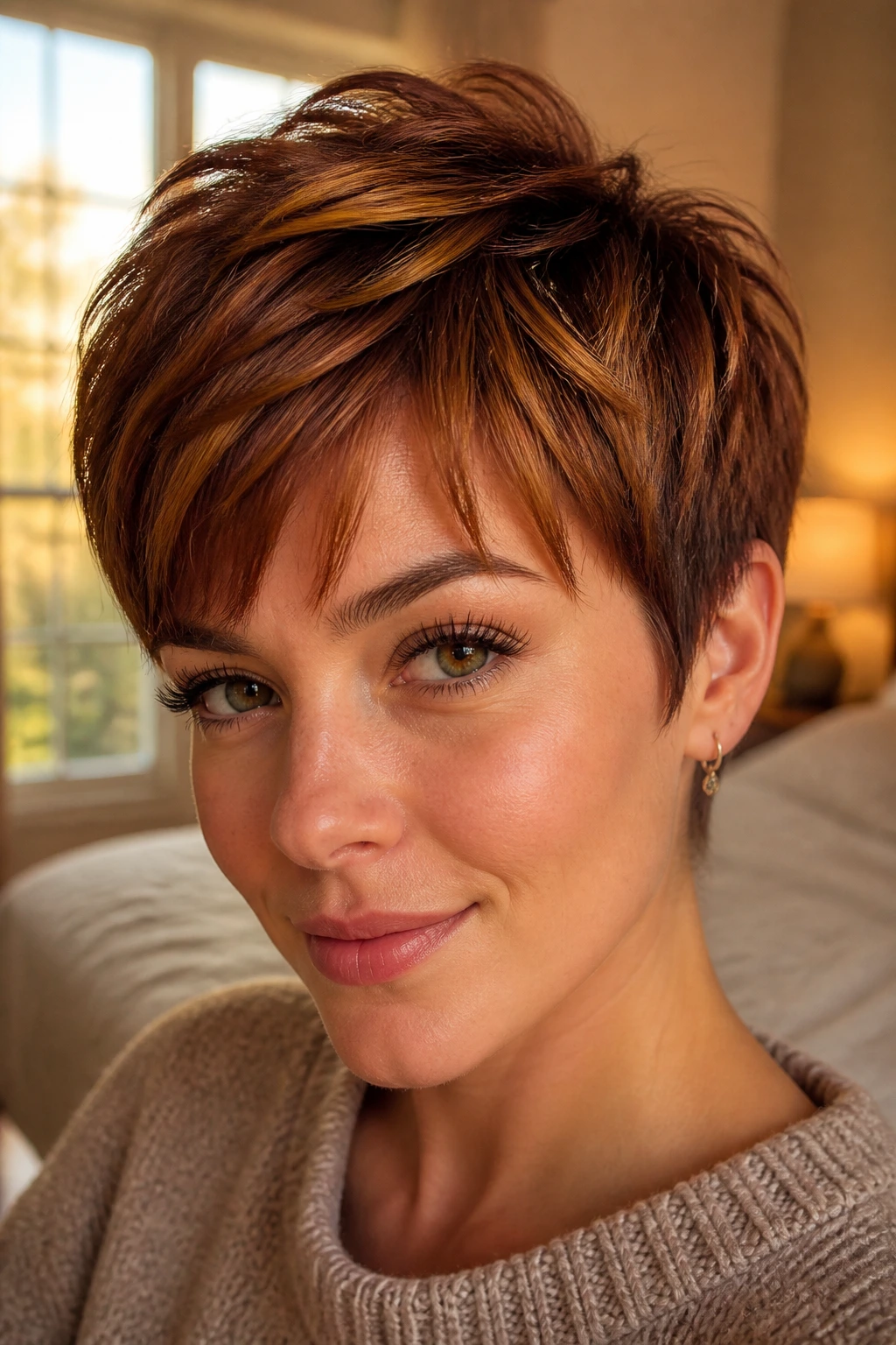Close-up portrait of a real person with a bronze pixie cut showing subtle highlights.