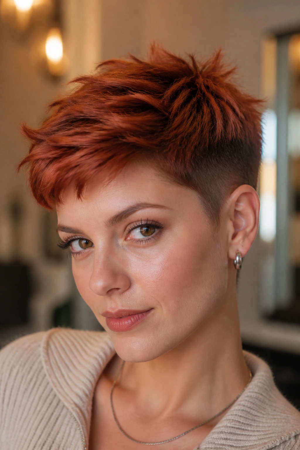 Real person with bronze-red tapered crop filling the frame