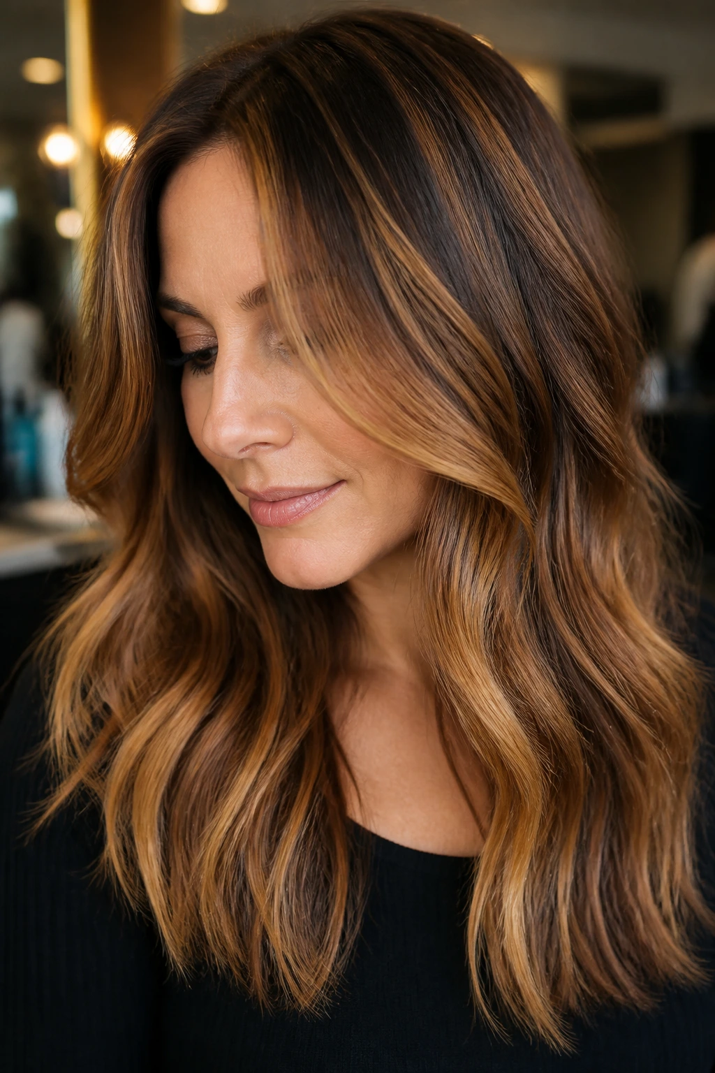 Hair with bronze ribbon lights on brunette base