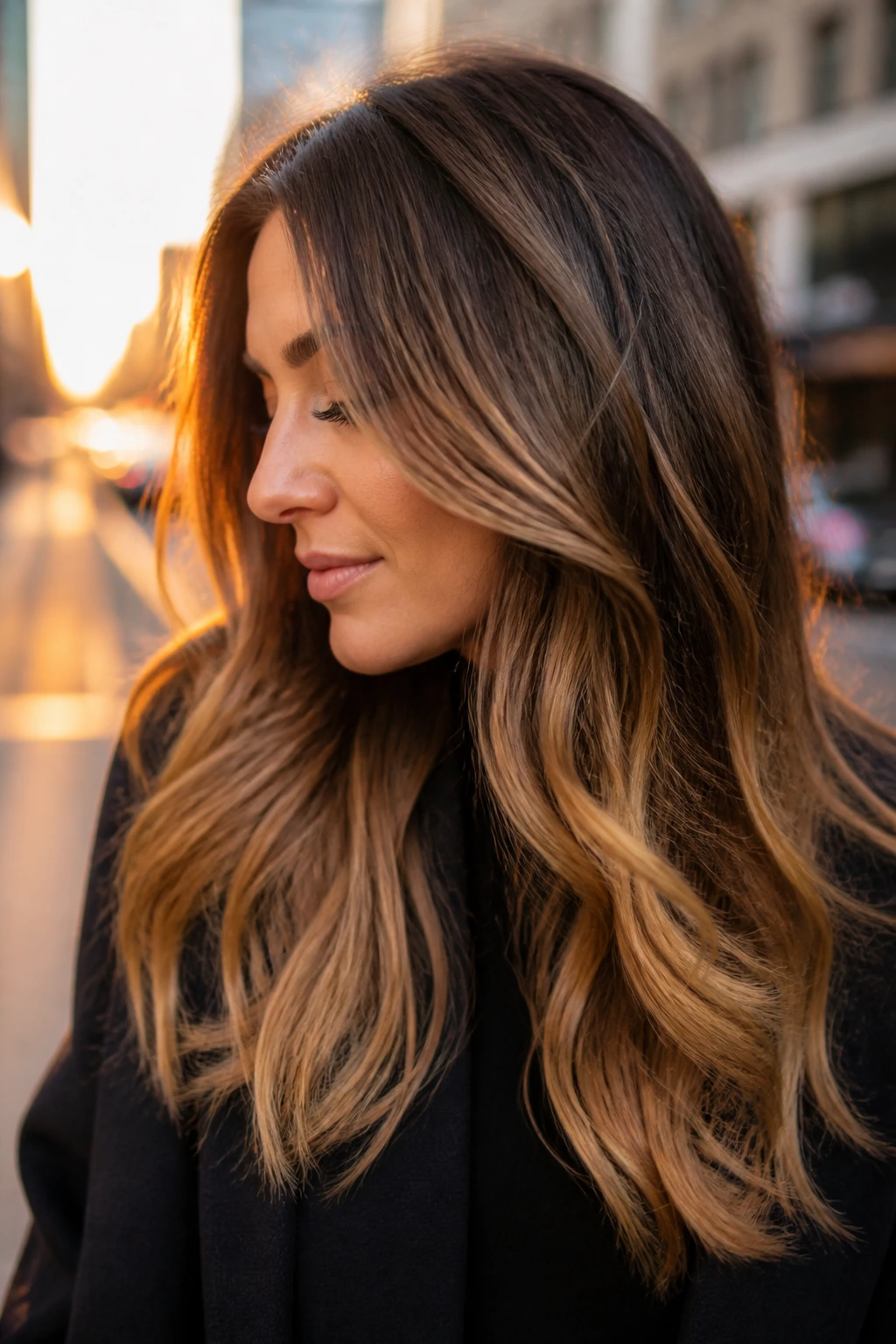 Close-up of a real woman with bronze root-smudge balayage