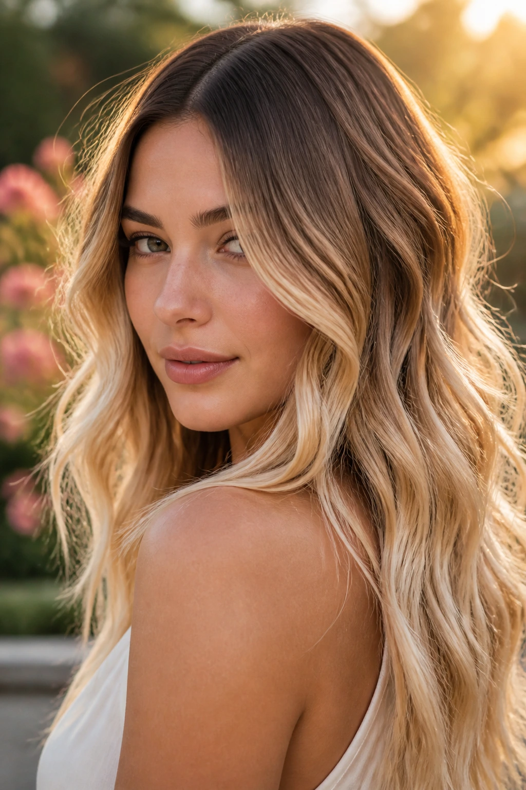Close-up of a real woman with bronze to blonde melt in waves