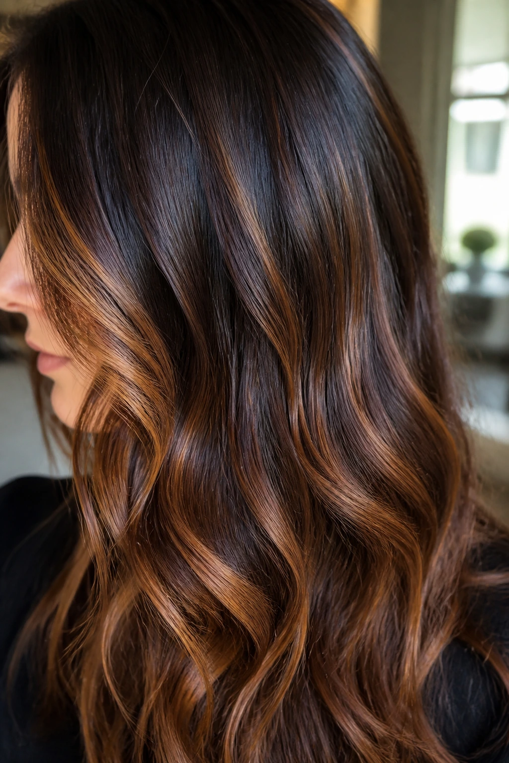Close-up of multi-tone bronze hair showing variations in shade