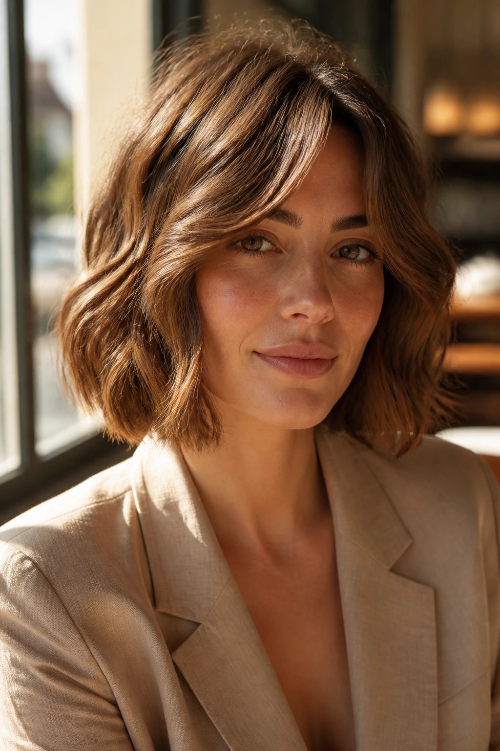 Portrait of a real woman with Bronze Wavy Bob Curtain Bangs in a sunlit cafe