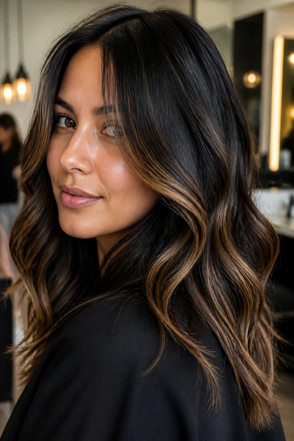 Close-up of black hair with bronzed balayage highlighting the face and mid-lengths