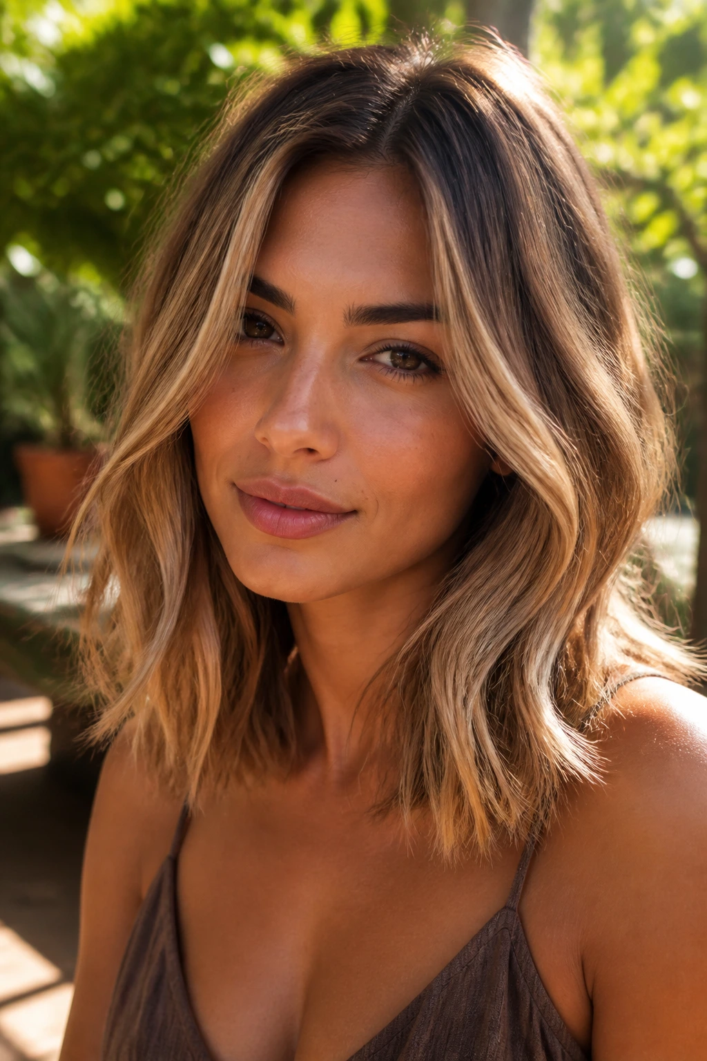 Close-up portrait of a real woman with bronzed blonde hair and sunlit ribbons in mid-lengths, warm outdoor light
