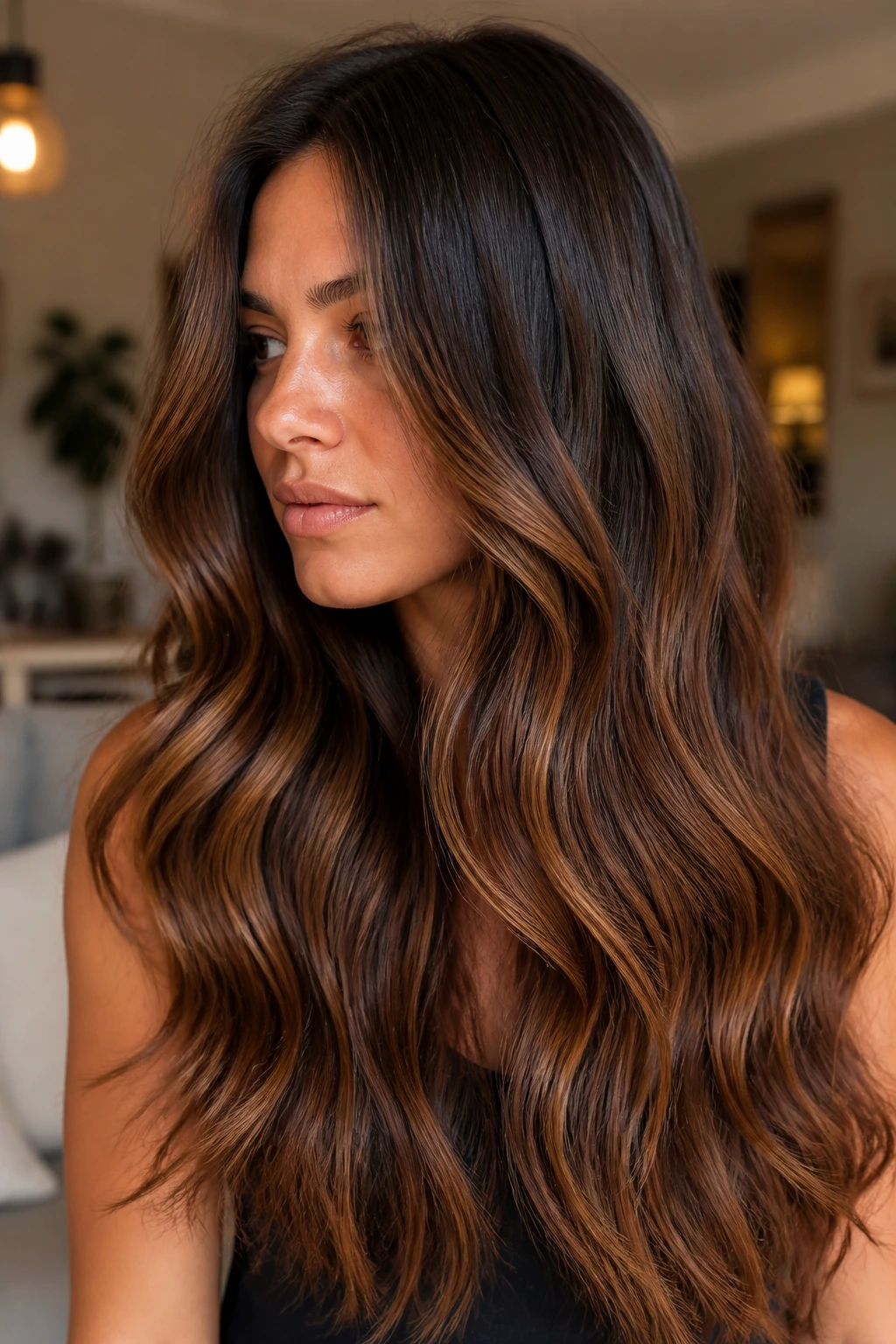 Portrait of a brunette with bronzed balayage and warm dimension.
