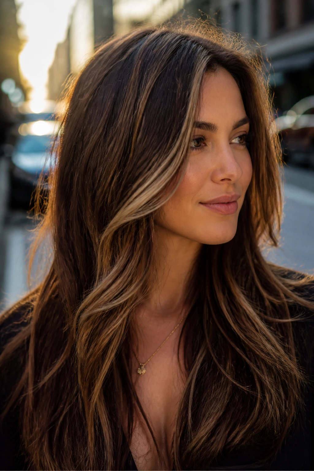 Close-up of long brunette hair with Bronzed Brunette Streaks