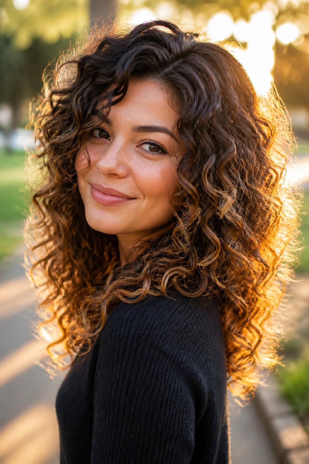 Close-up of a real woman with bronzed brunette hair and sunlit ends