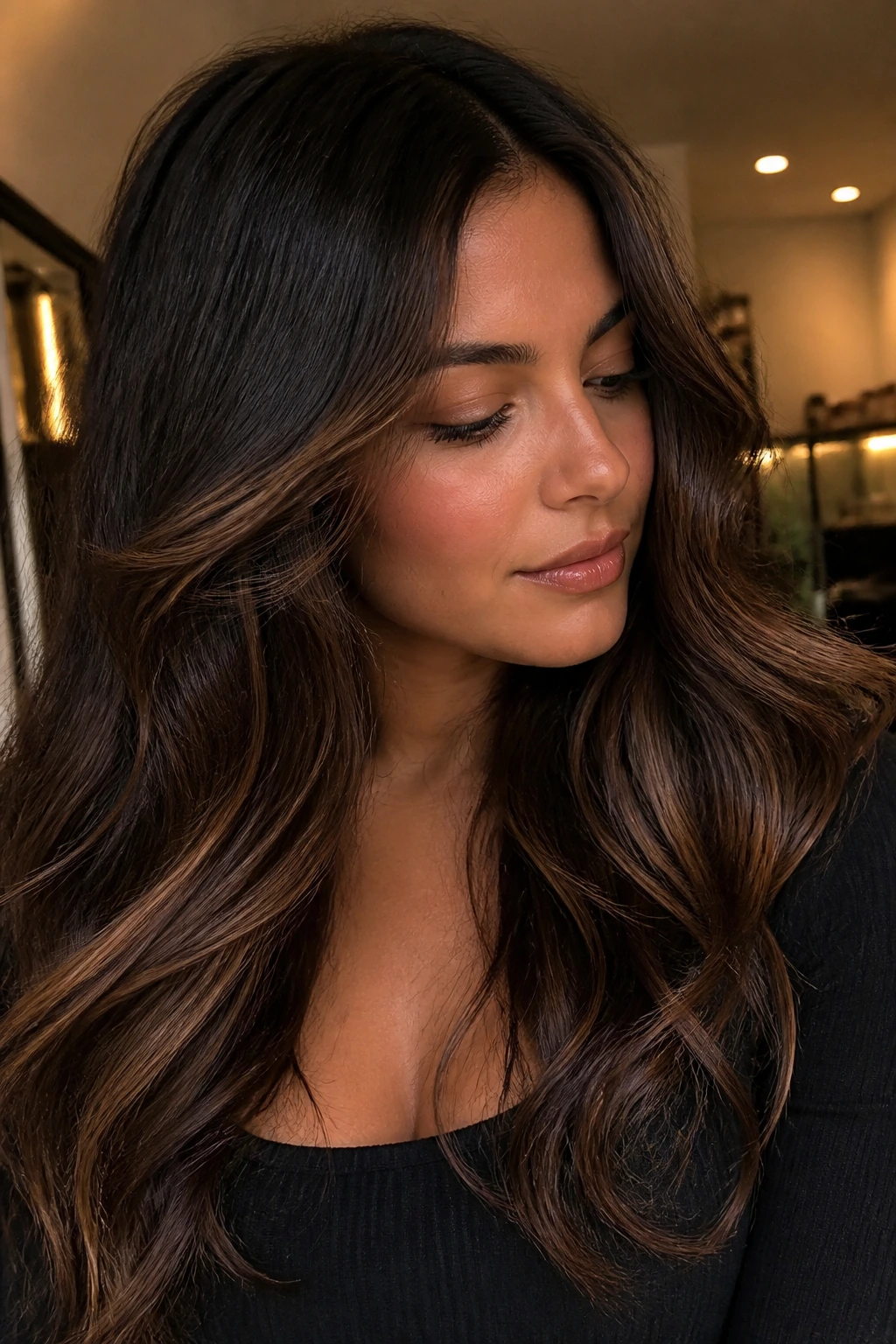 Portrait of a real woman with bronzed espresso shade and bronze lowlights