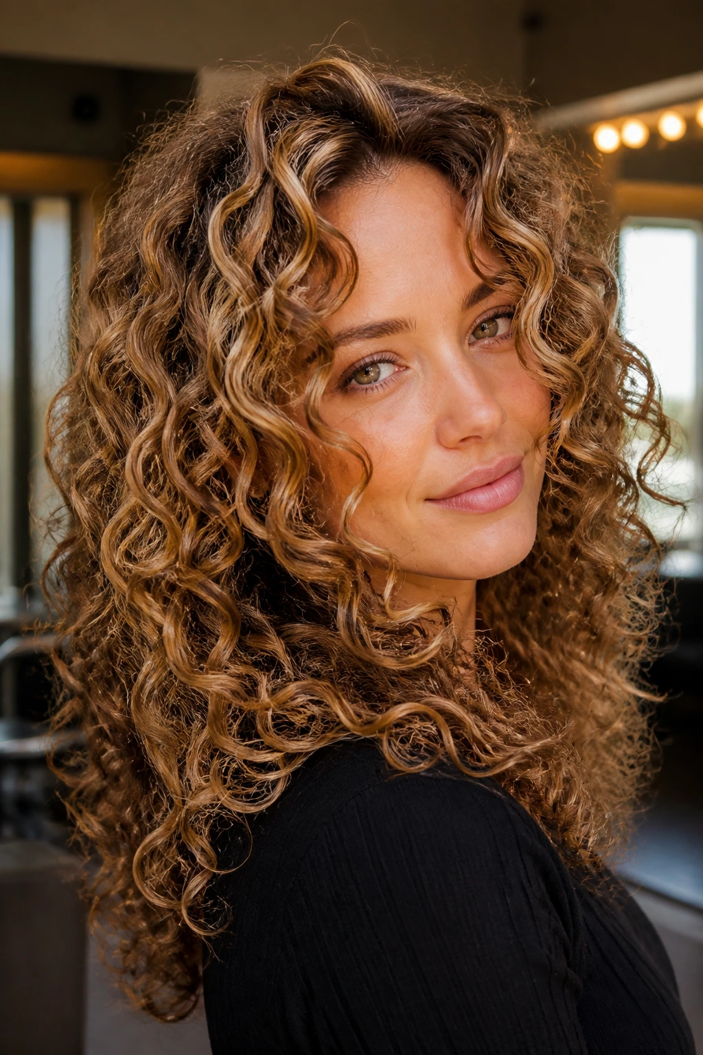 Close-up of layered curls with bronzed honey swirl blending brunette depth and warm blonde.