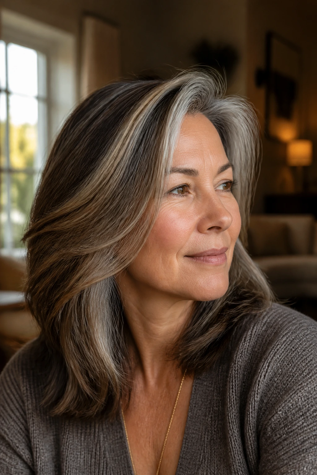 Close-up of a woman's hair with bronzed-silver blend on mixed gray and brown locks