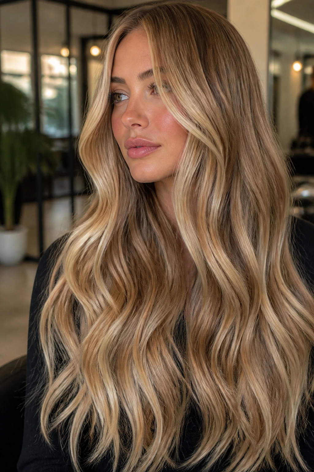 Real woman with bronzed vanilla balayage highlights on long hair in a salon setting