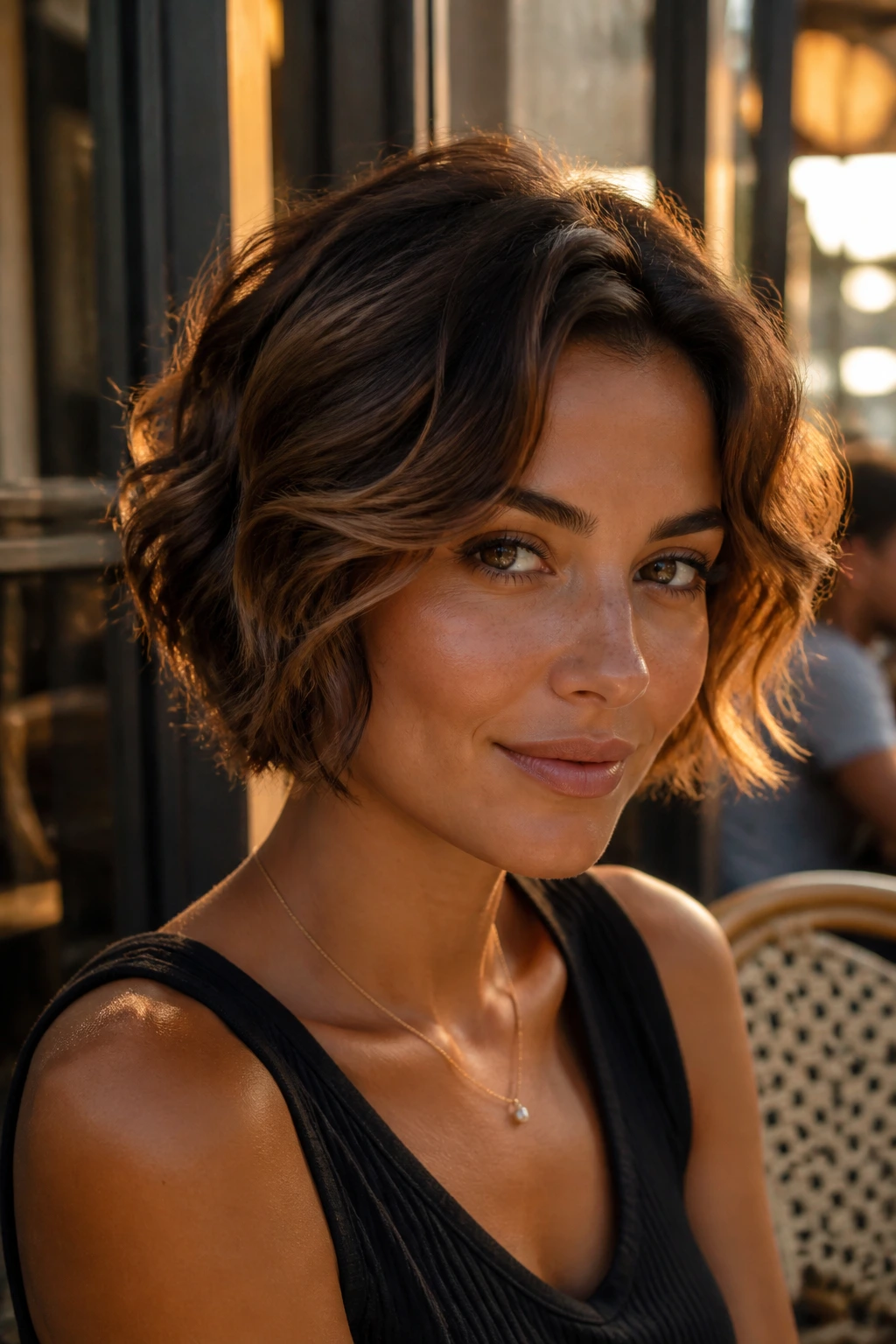 Close-up of bronzed wavy crop on a real person with golden hour lighting