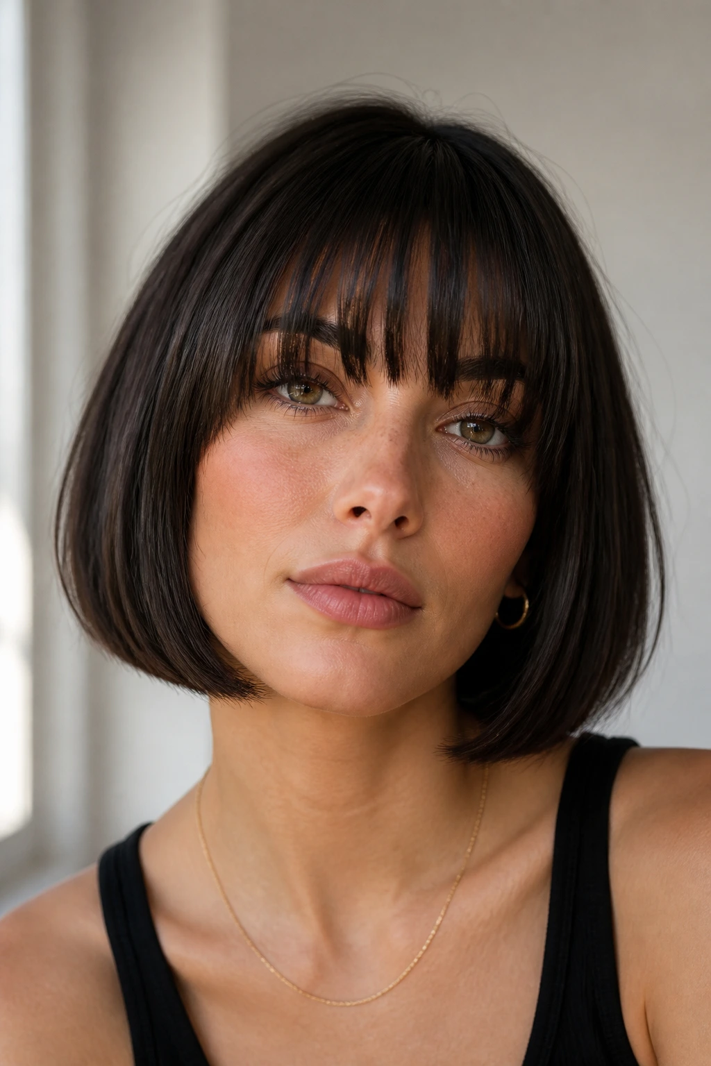 Real woman with brow-bang bob and brow-grazing bangs