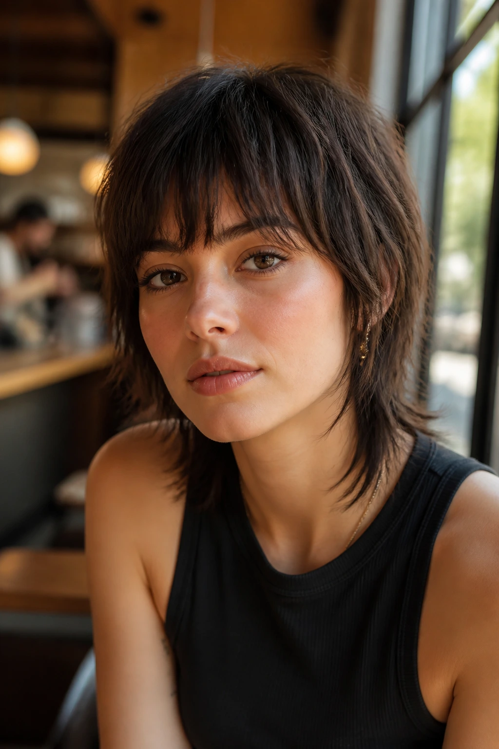 Portrait of a person with brow-grazing bangs mullet and shaggy sides.