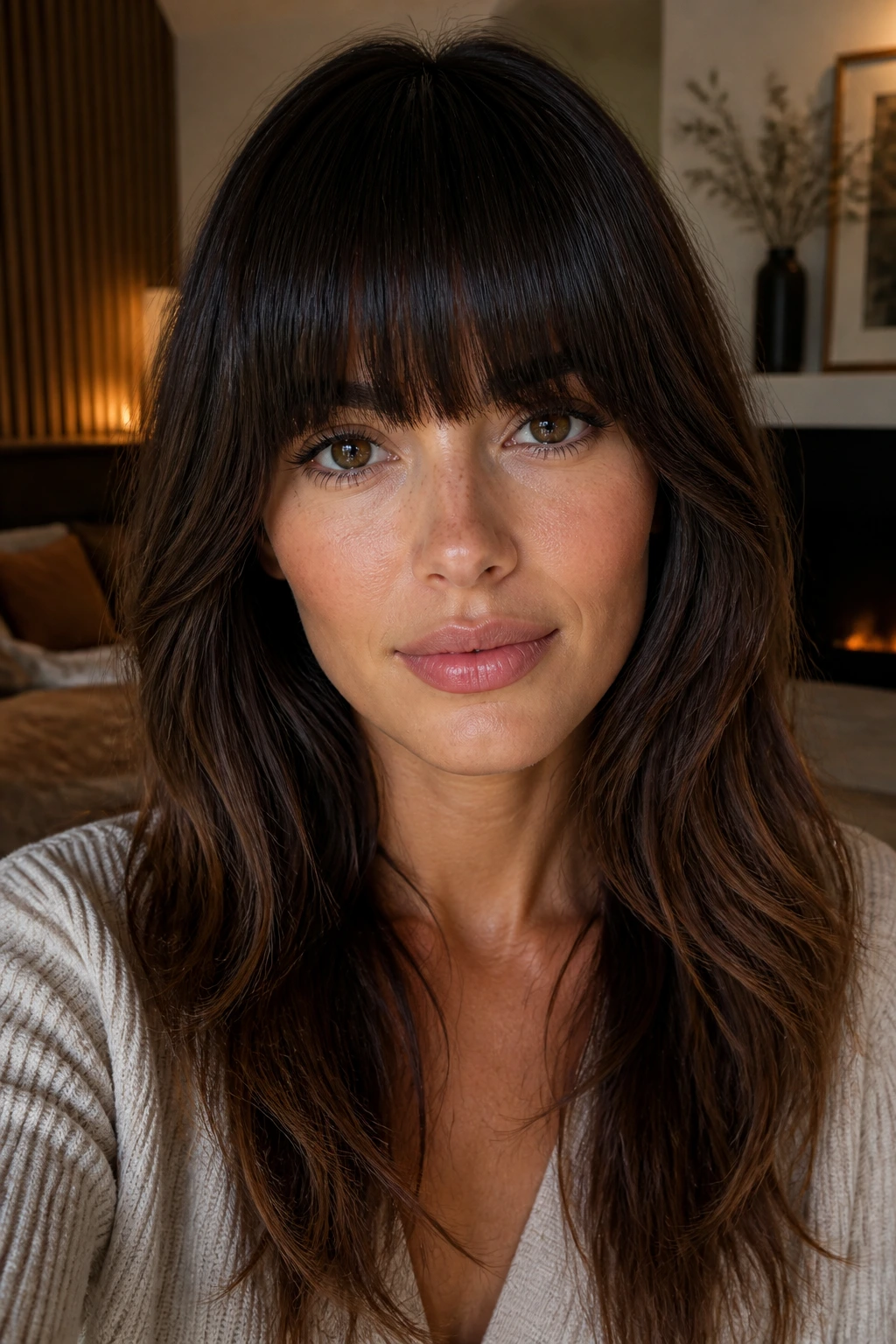 Close-up of a real person with dense brow-graze fringe ending at the brows in soft indoor light