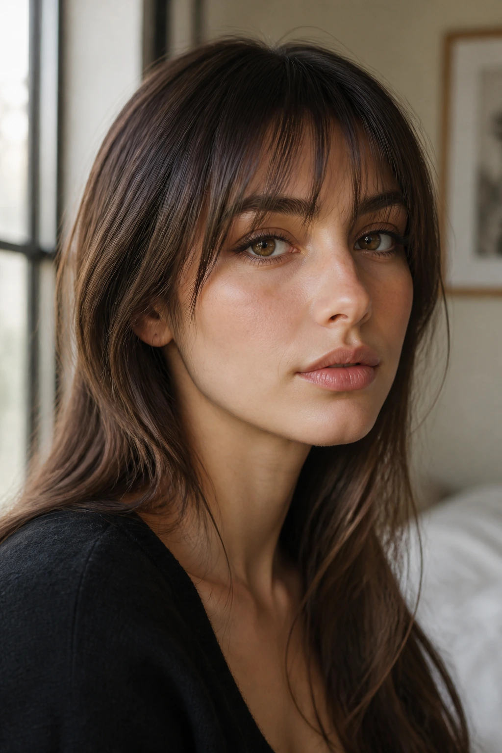 Close-up of a real woman with brow-grazing air bangs