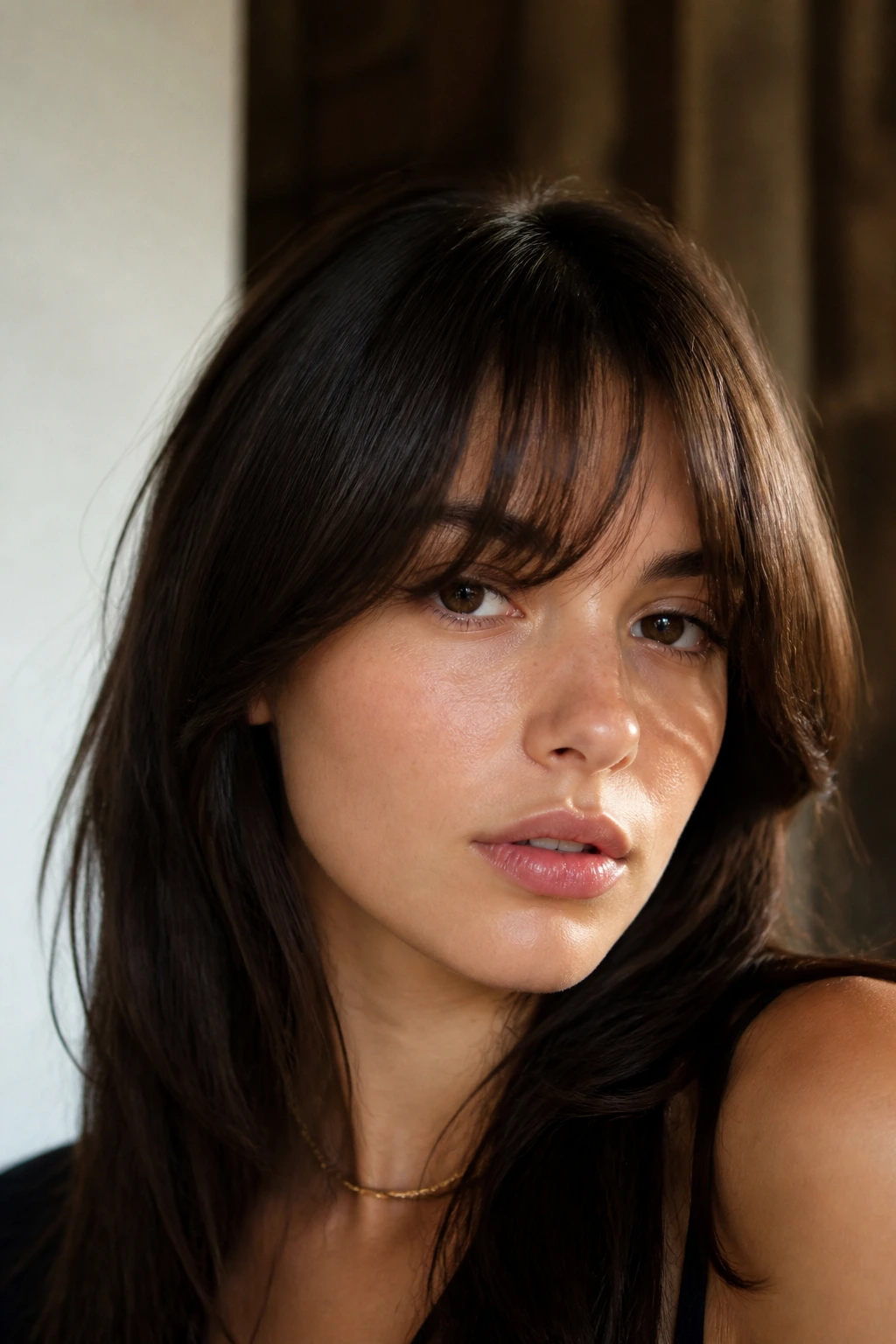 Portrait of a real woman with brow-grazing arc fringe near the brows