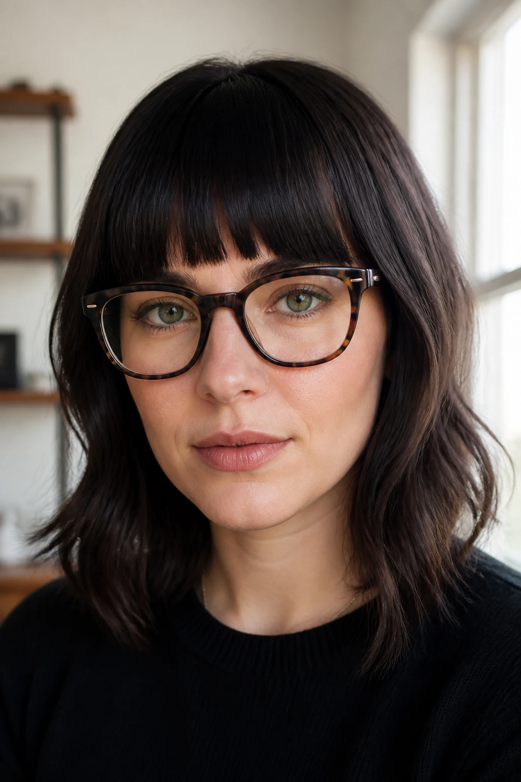 Woman with brow-grazing blunt bangs and glasses in soft light.