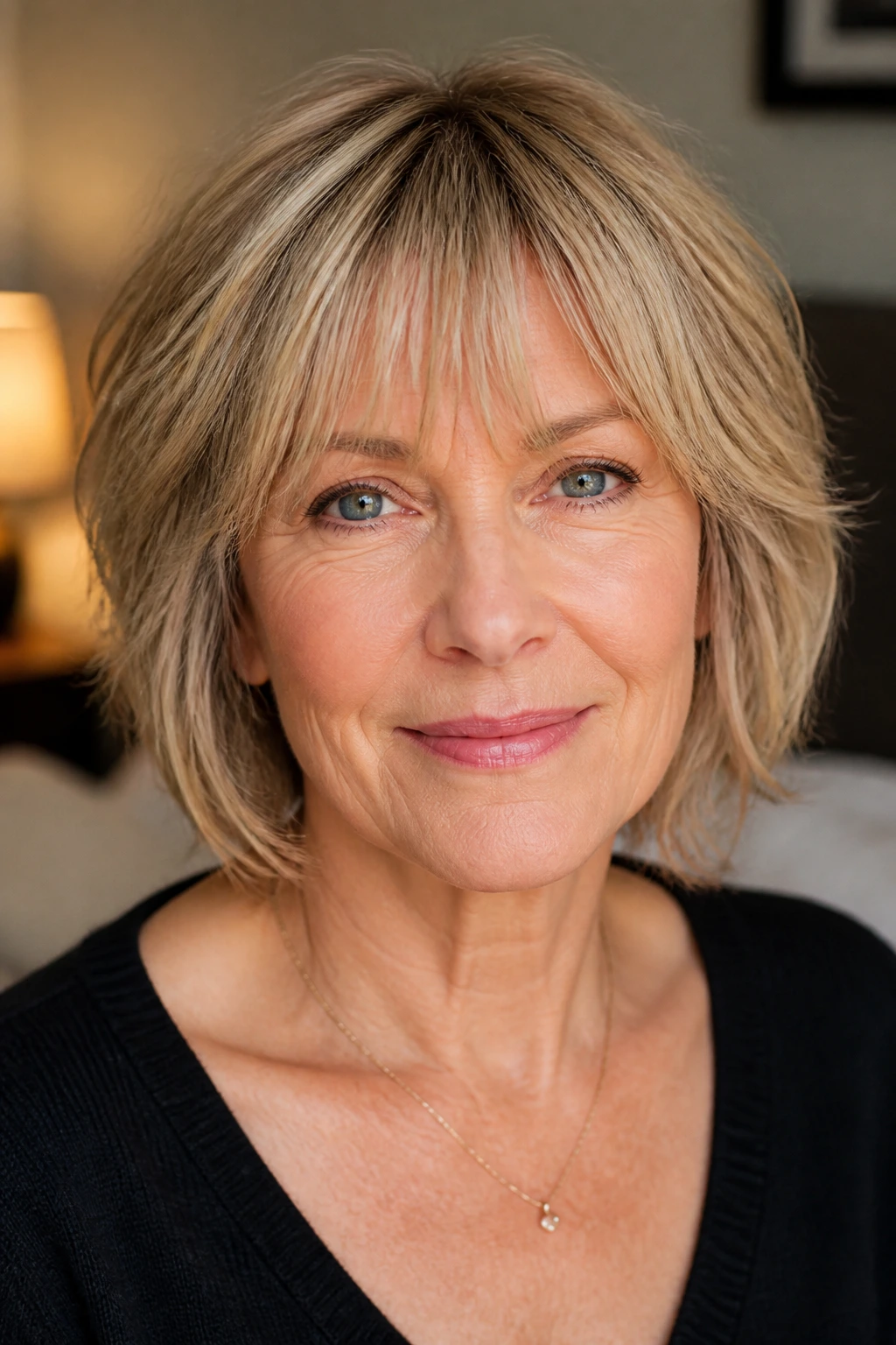 Portrait of a woman with brow-grazing piecey bangs
