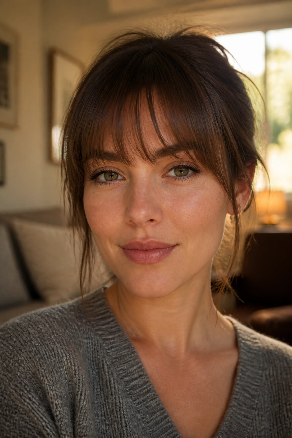 Close-up portrait of a real woman with brow-grazing wispy bangs and soft edge.