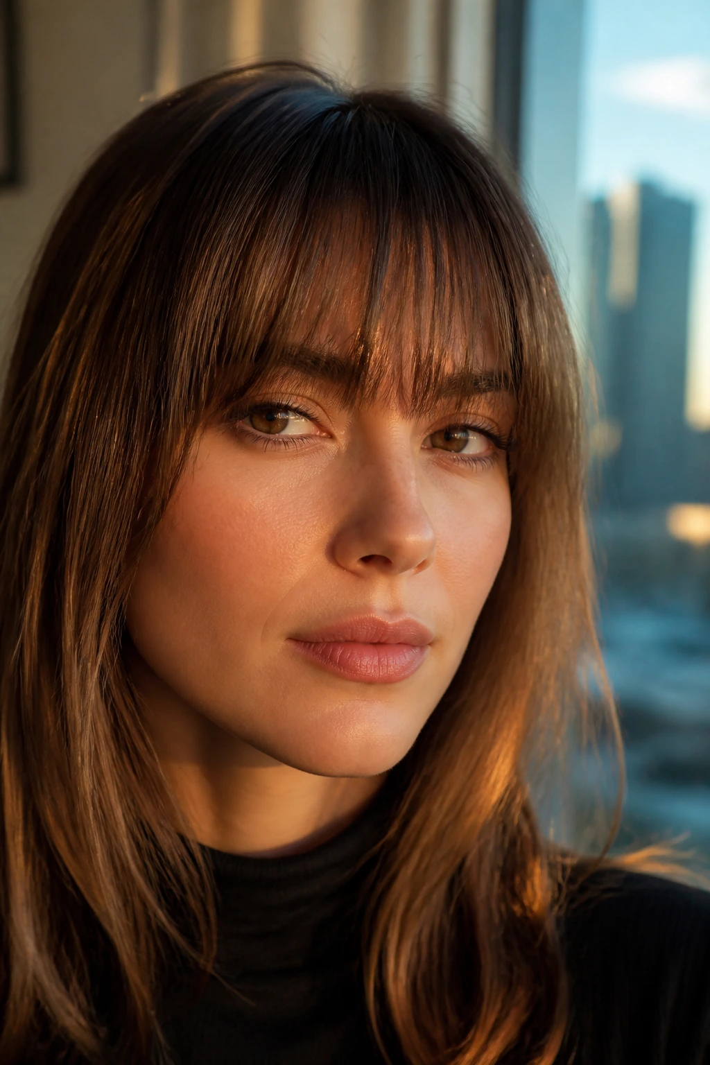Real woman with brow-grazing bangs at the brow line indoors