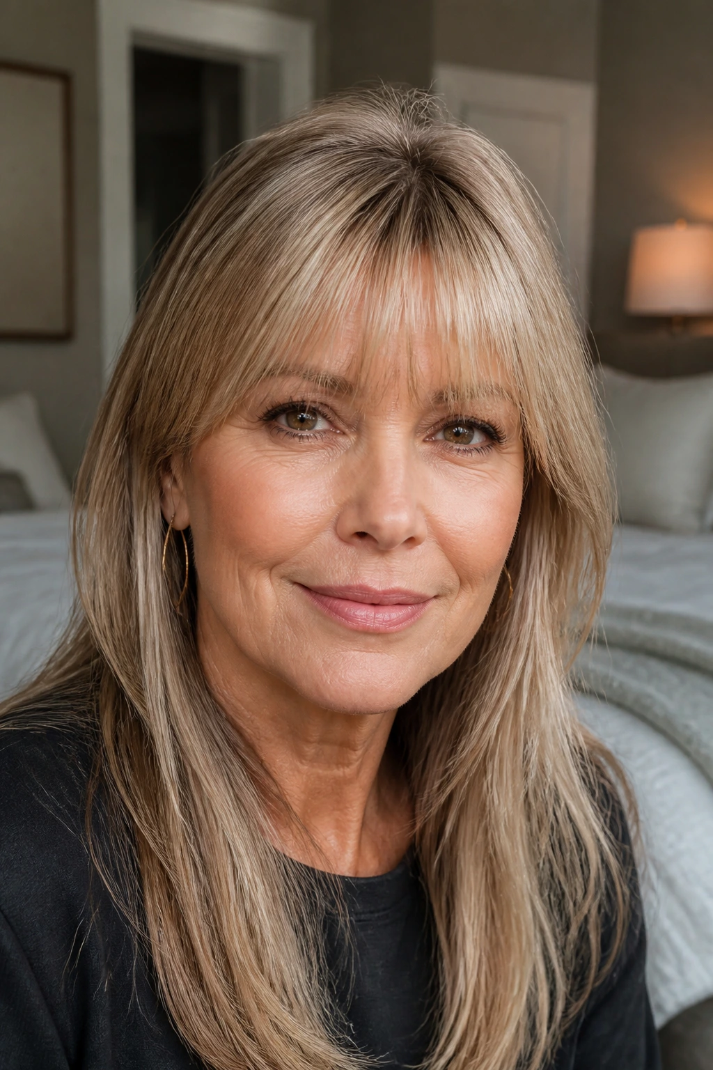 Close-up of brow-grazing bangs with soft volume on a real woman