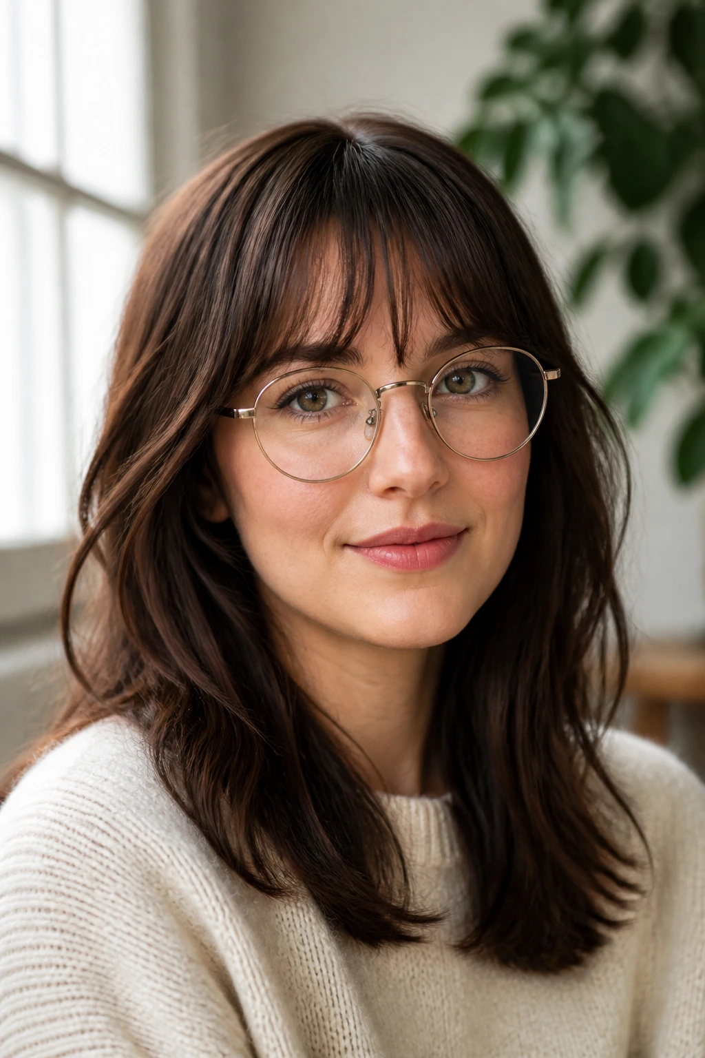 Portrait of a woman with brow-grazing bangs and thin metal frames