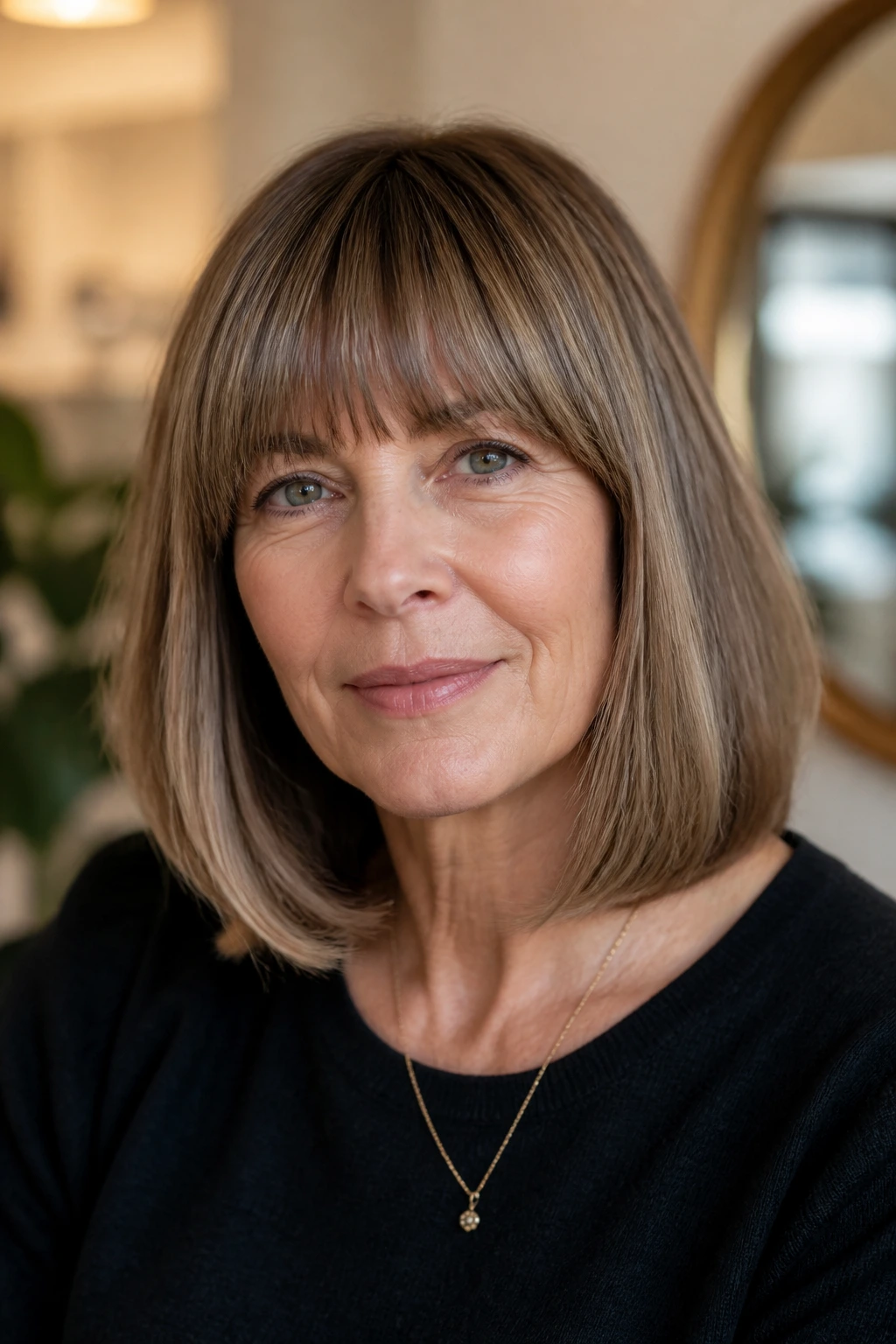Close-up portrait of a real woman with brow-grazing blunt bangs and soft ends.