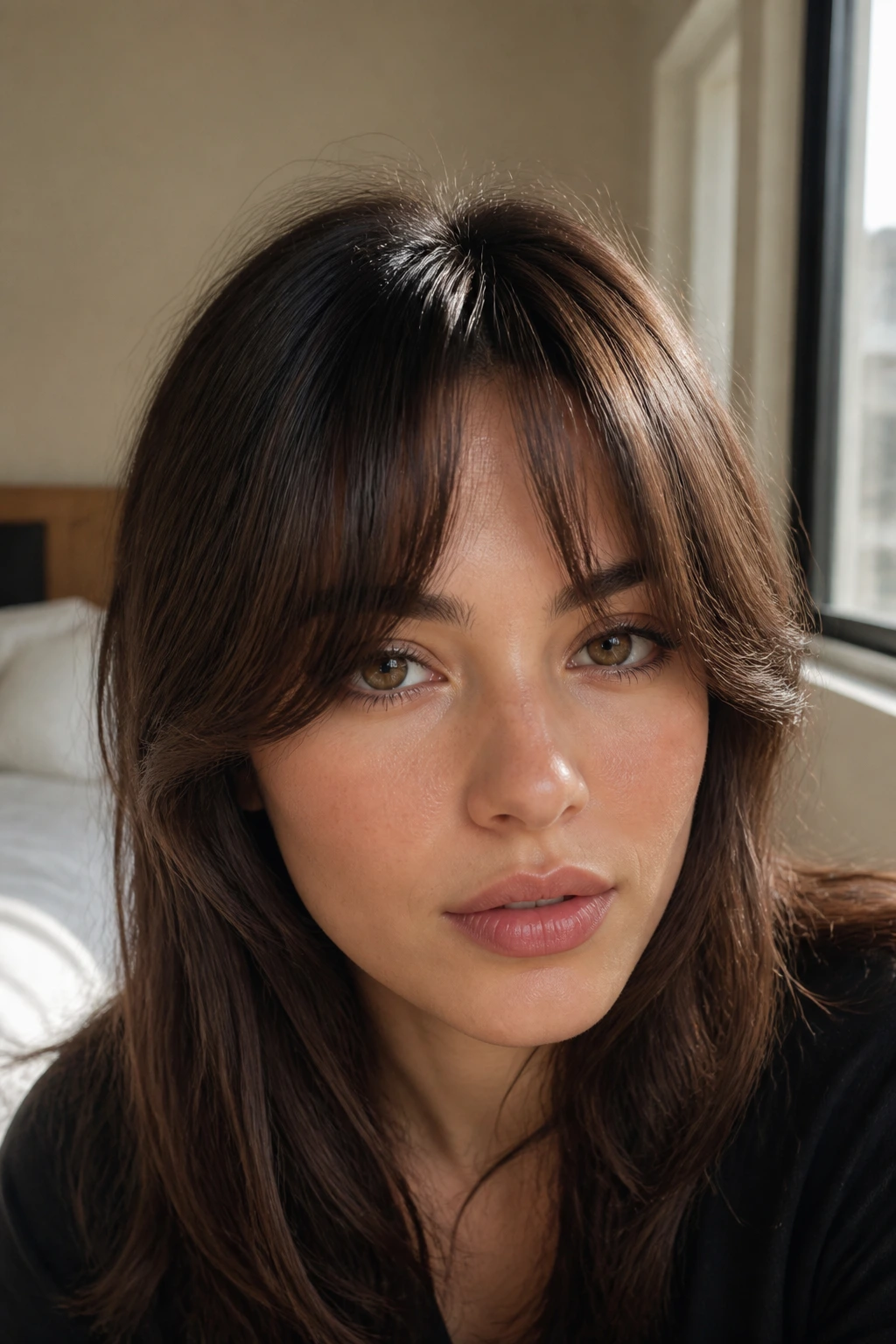 Close-up of brow-grazing bottleneck bangs on a real person