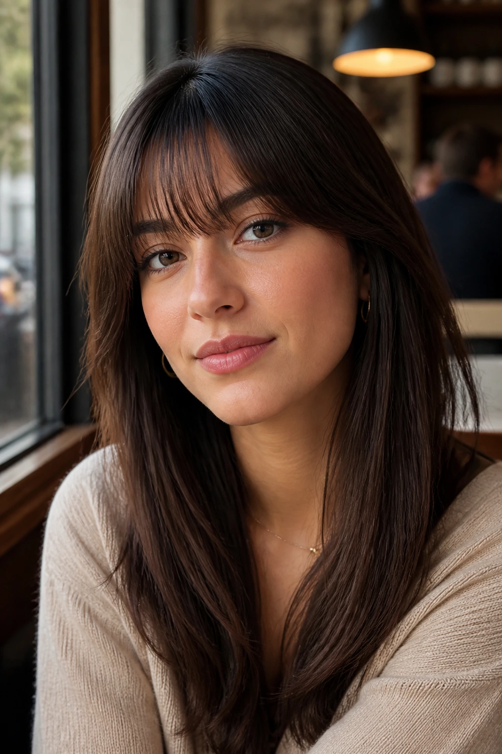 Portrait of a real person with brow-grazing soft curtain bangs by a cafe window
