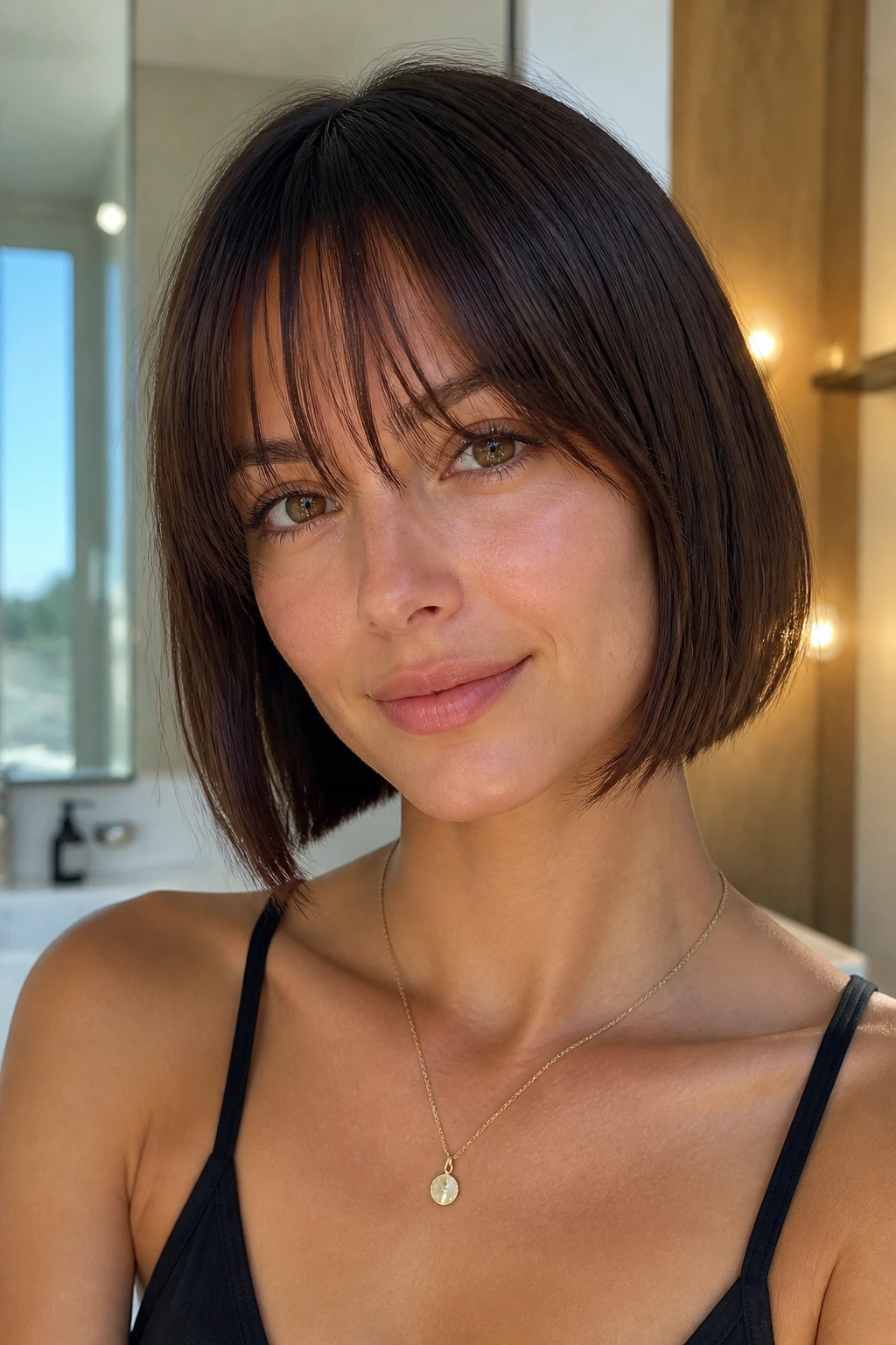 Portrait of a woman with brow-grazing wispy fringe on a clean bob