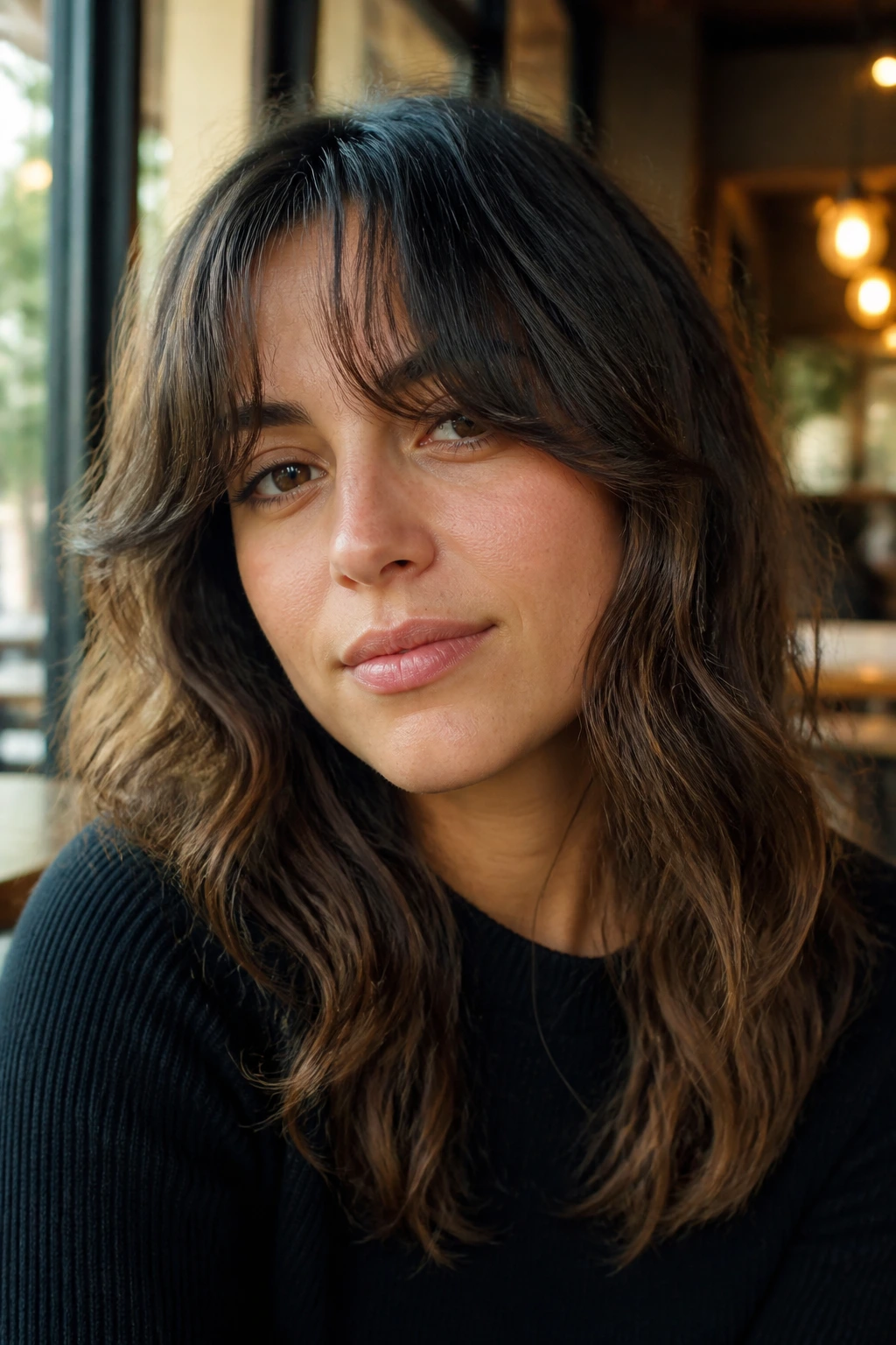 Close-up of brow-grazing split fringe on a real person