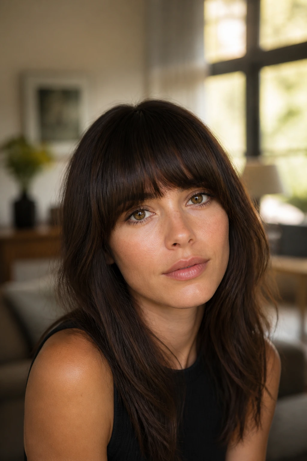 Close-up of a real woman with brow-grazing heavy fringe at brow level in warm window light
