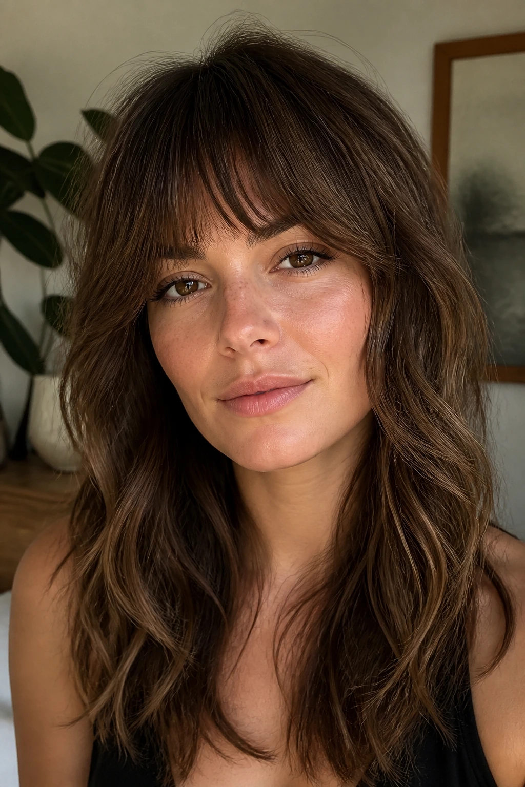 Close-up of a real woman with brow-grazing fringe rounded layers