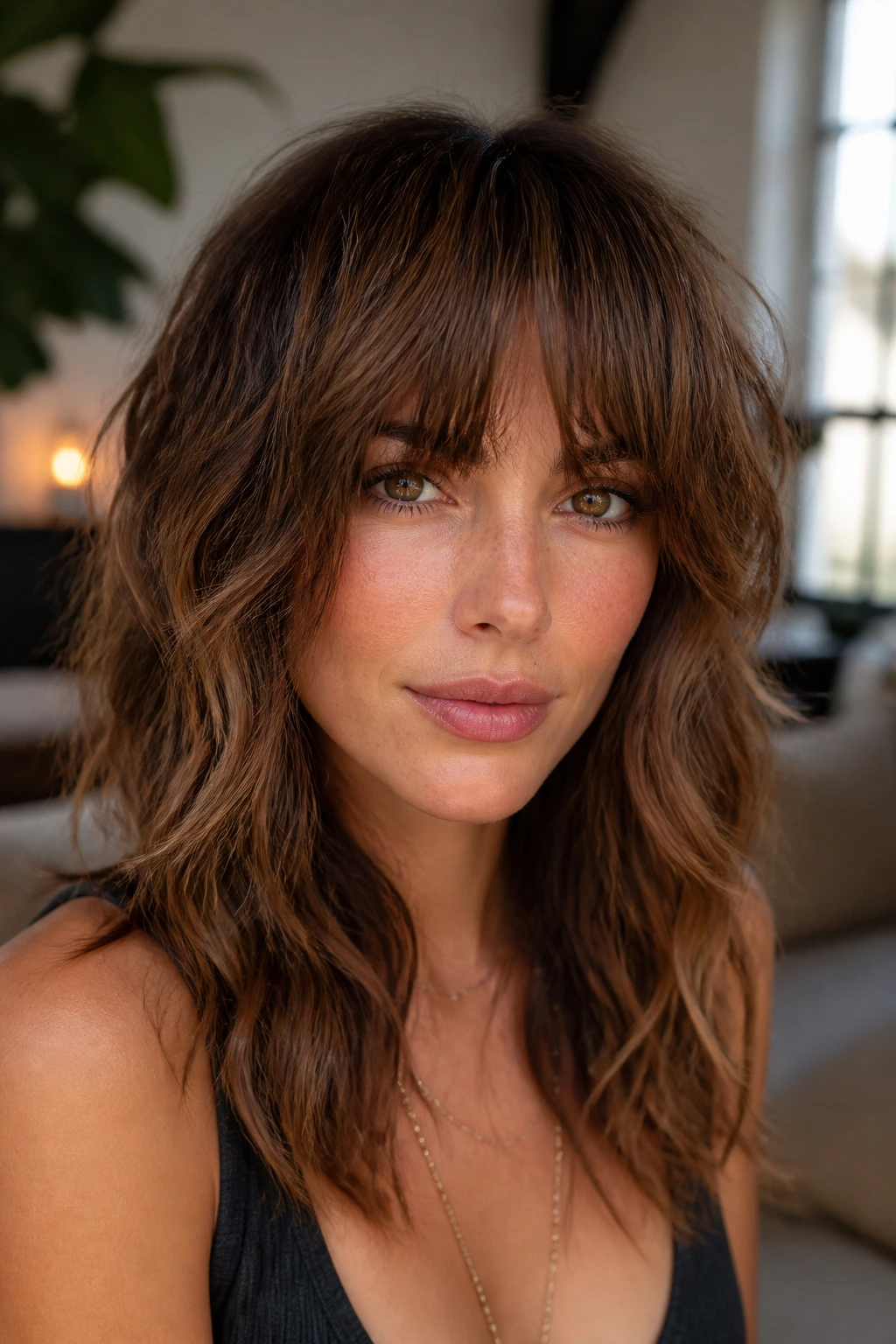 Close-up of a real woman with brow-grazing fringe on wavy shag hair in a cozy room