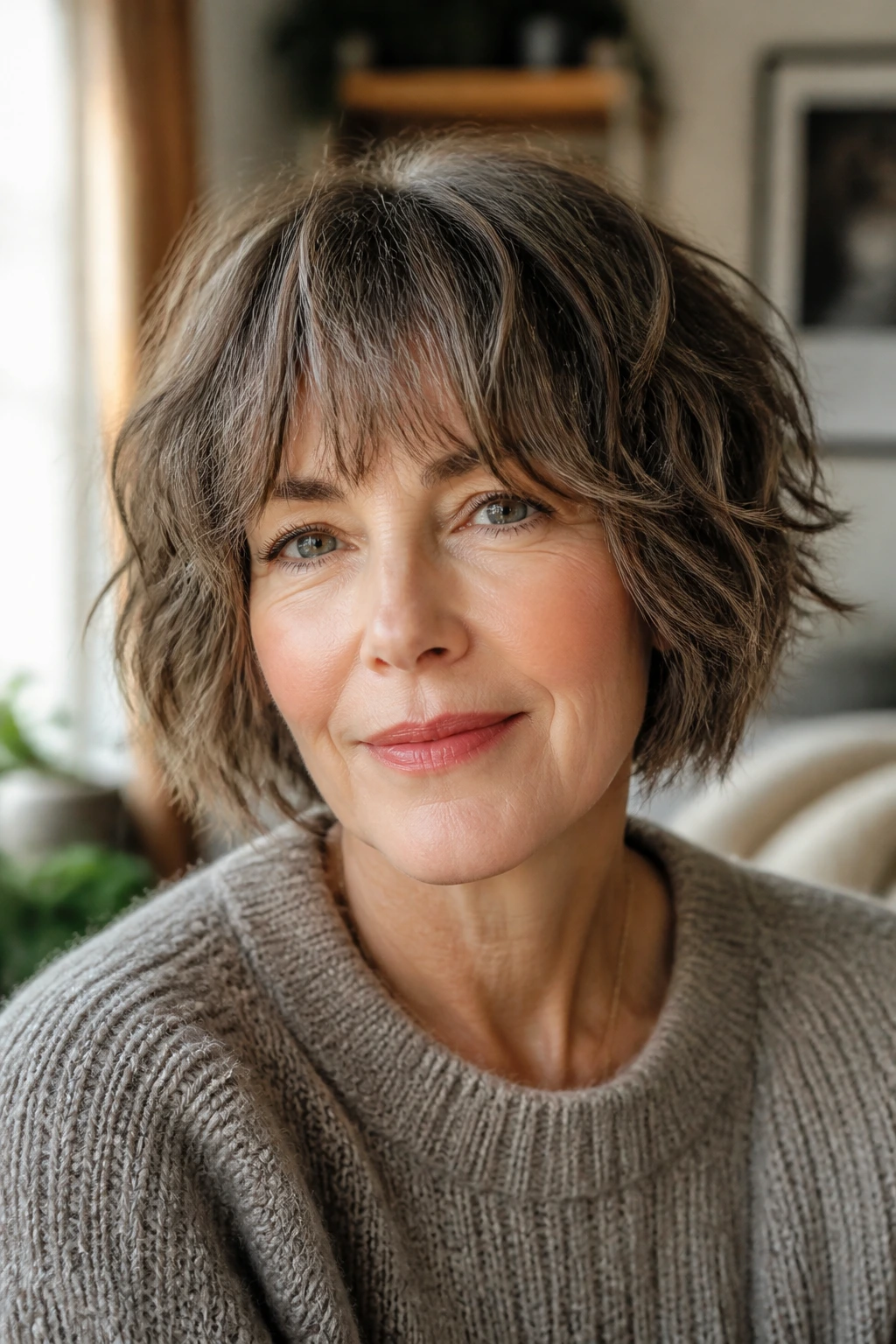 Portrait of a real woman with brow-grazing fringe shag and defined eyes.