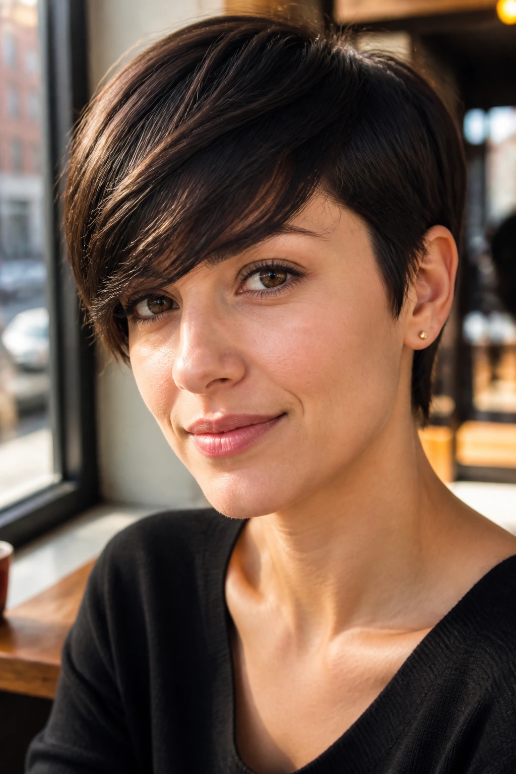 Close-up of a real person with brow-grazing side bang at eyebrow level in warm cafe light